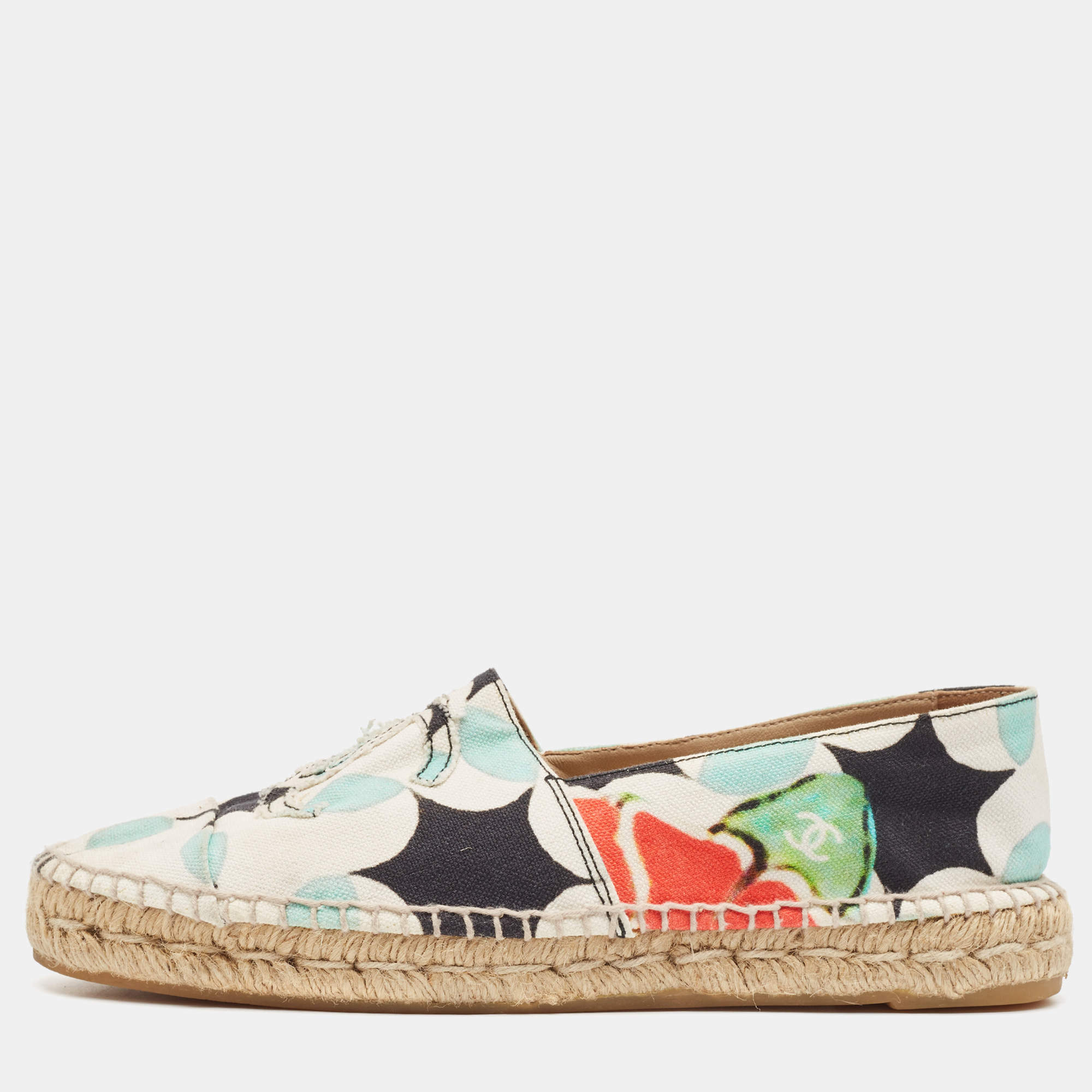 Pre Owned Chanel Multicolor Printed Canvas CC Espadrille Flats Size 41