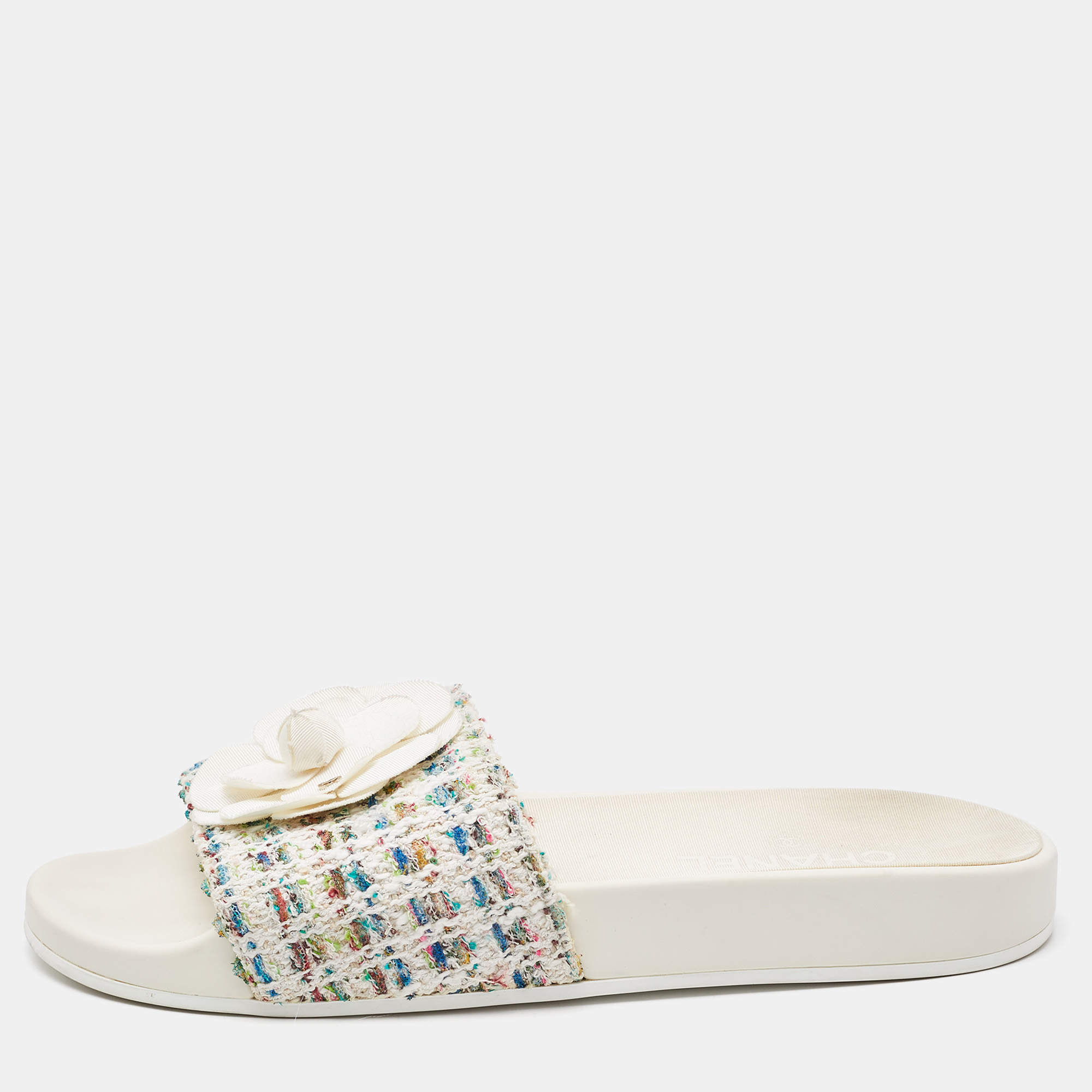 Chanel Multicolor Camellia Tweed CC  Flat Slides Size 40