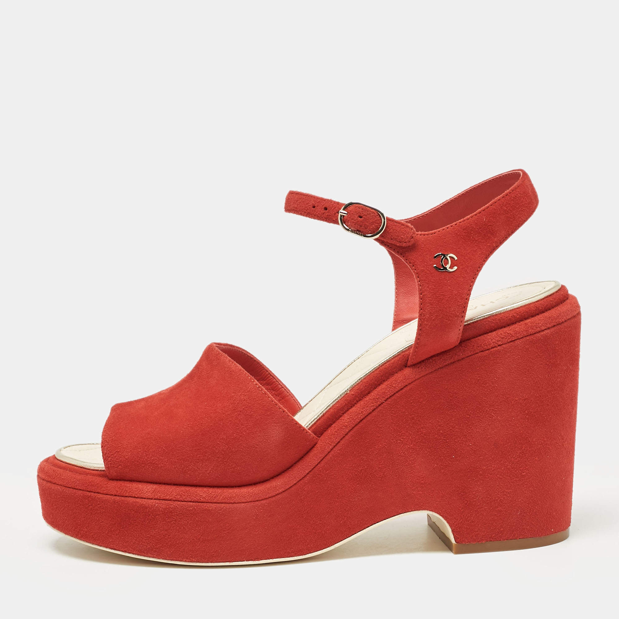 Chanel Red Suede CC Wedge Sandals Size 41