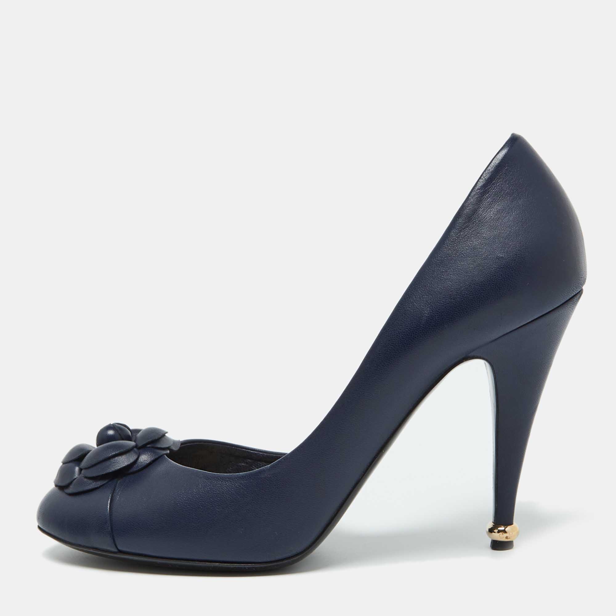 Chanel Navy Blue Leather Camellia Accent D'orsay Pumps Size 42