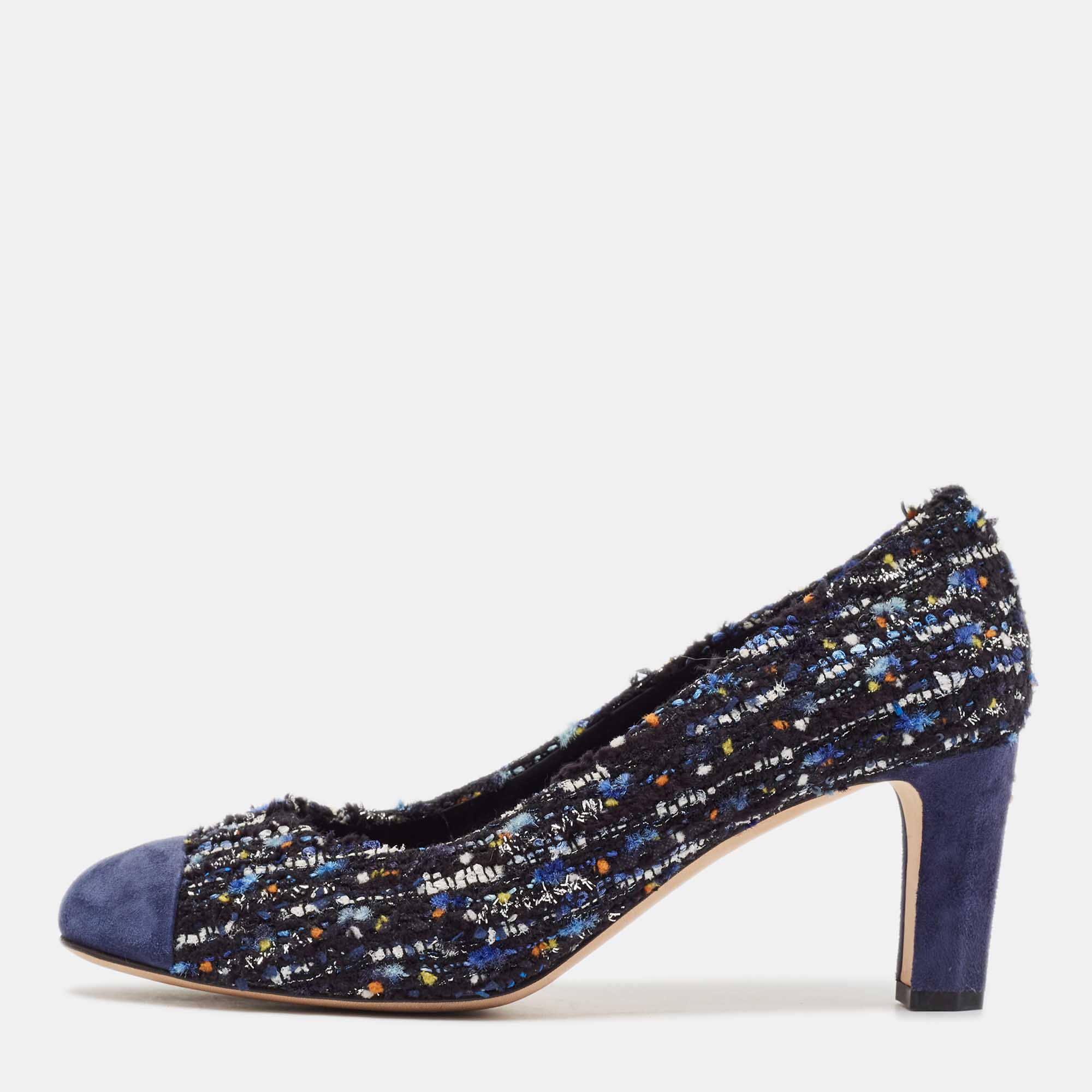 Pre Owned Chanel Multicolor Suede and Tweed Block Heel Pumps Size 40
