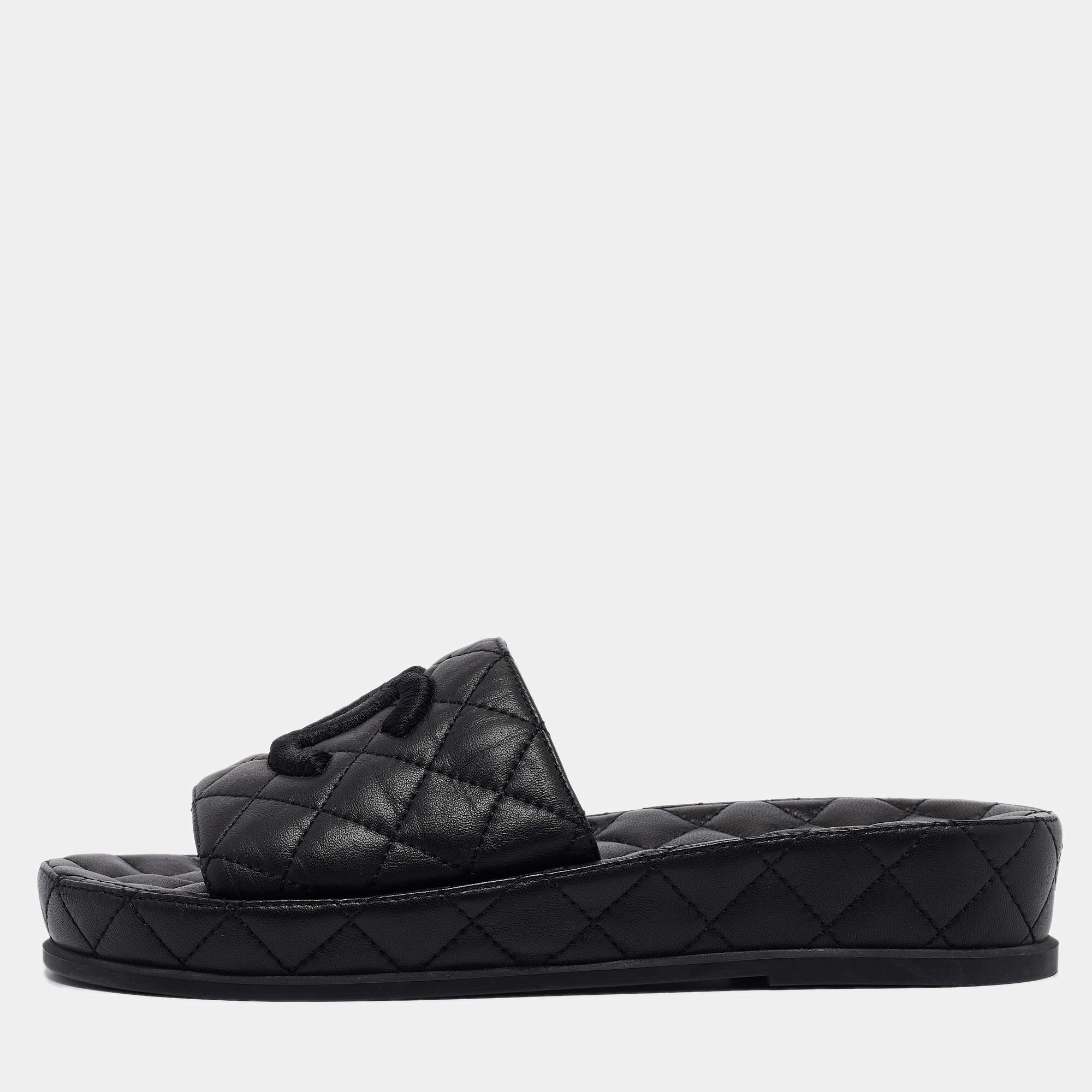 Chanel Black Quilted Leather CC Slide Sandals Size 37