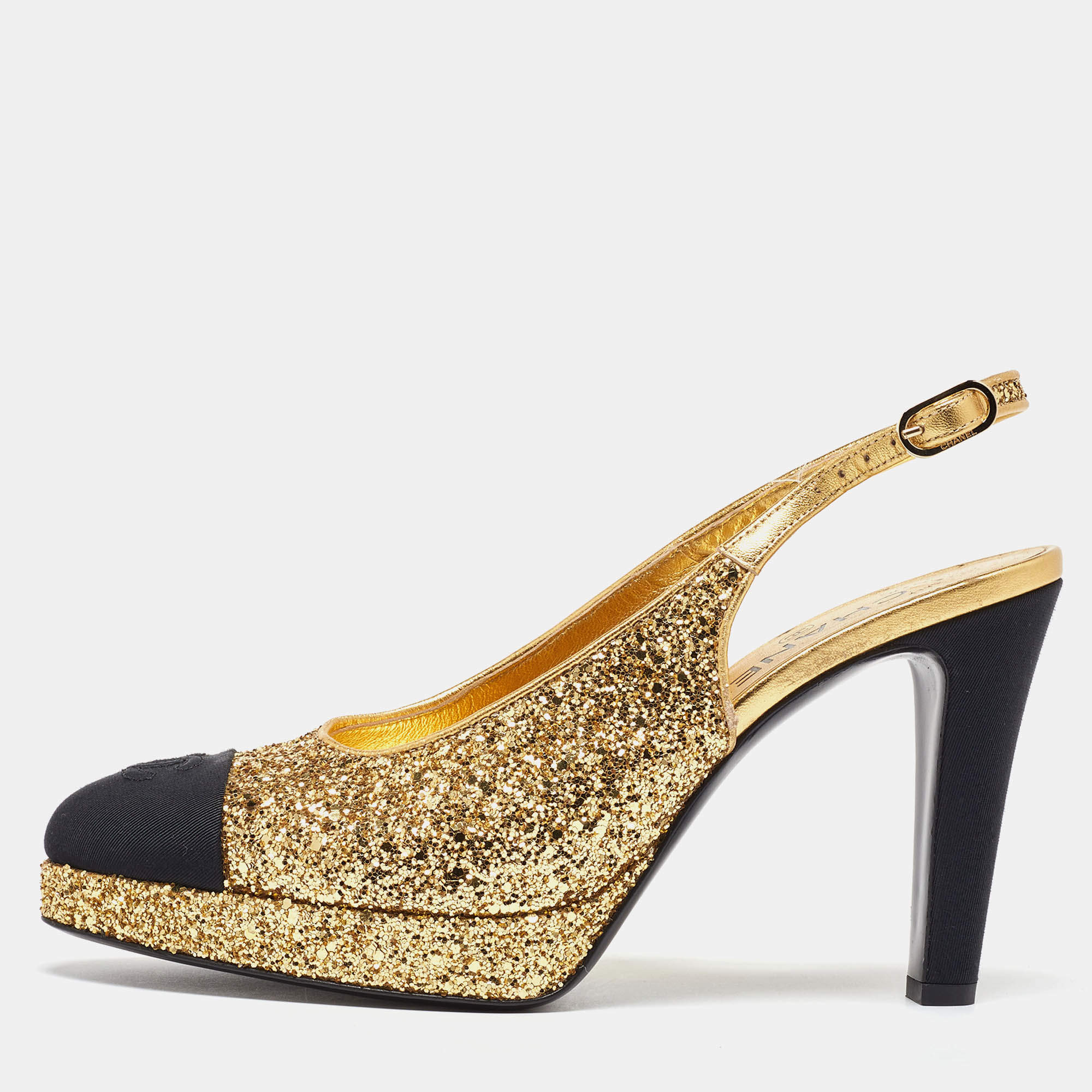 Pre Owned Chanel Gold/Black Glitter and Fabric Cap Toe Platform Slingback Pumps Size 40