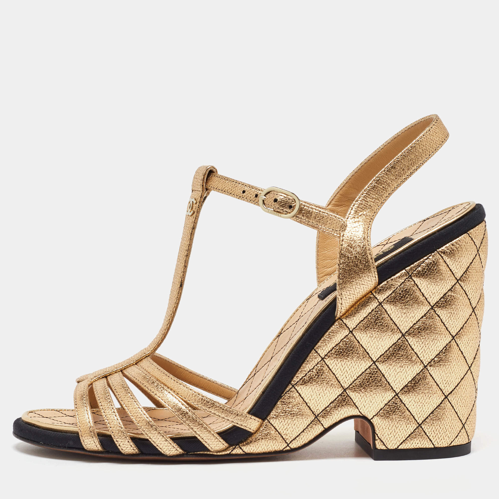 Chanel Gold Leather CC Interlocking Quilted Wedge Sandals Size 40