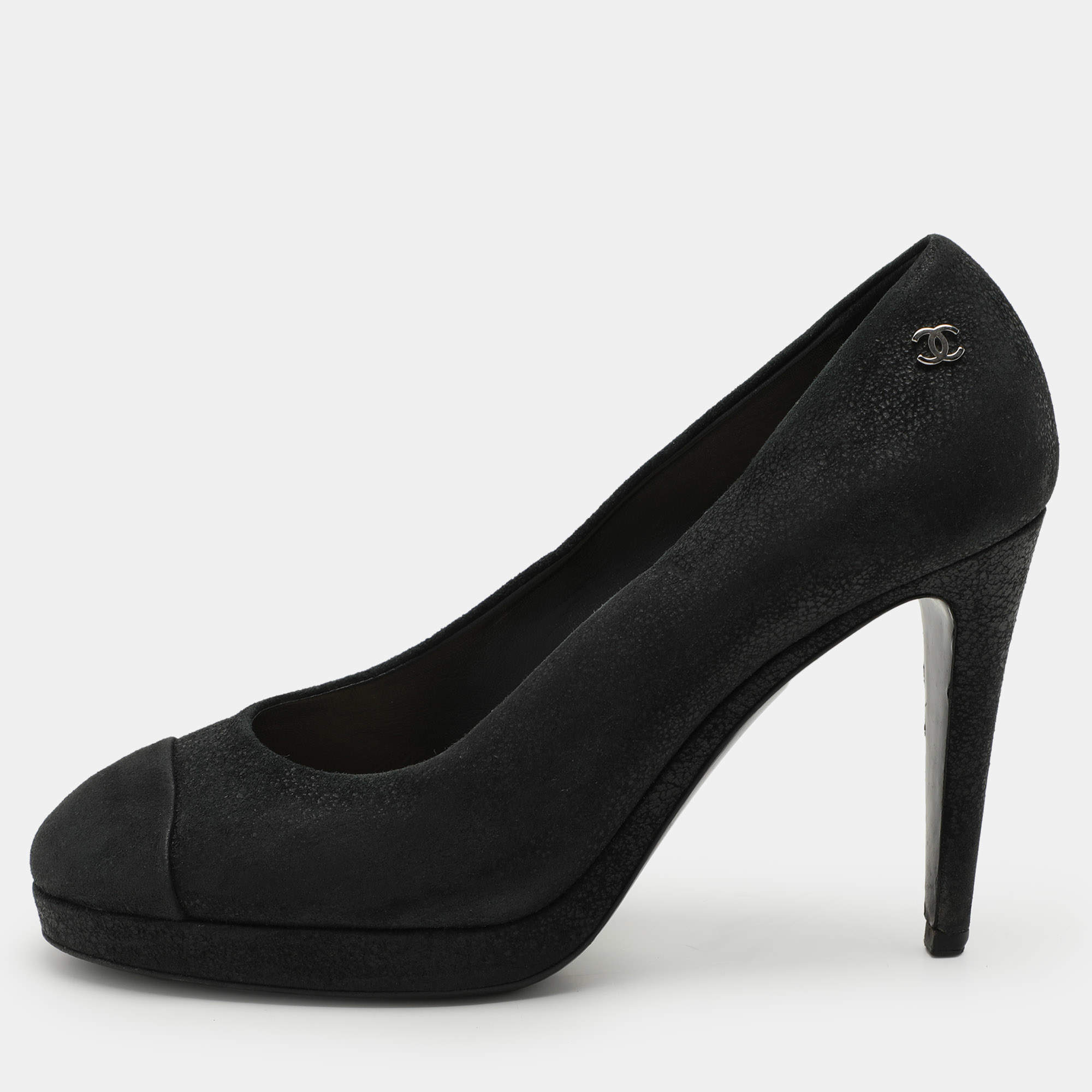 Chanel Black Suede CC Pumps Size 38.5