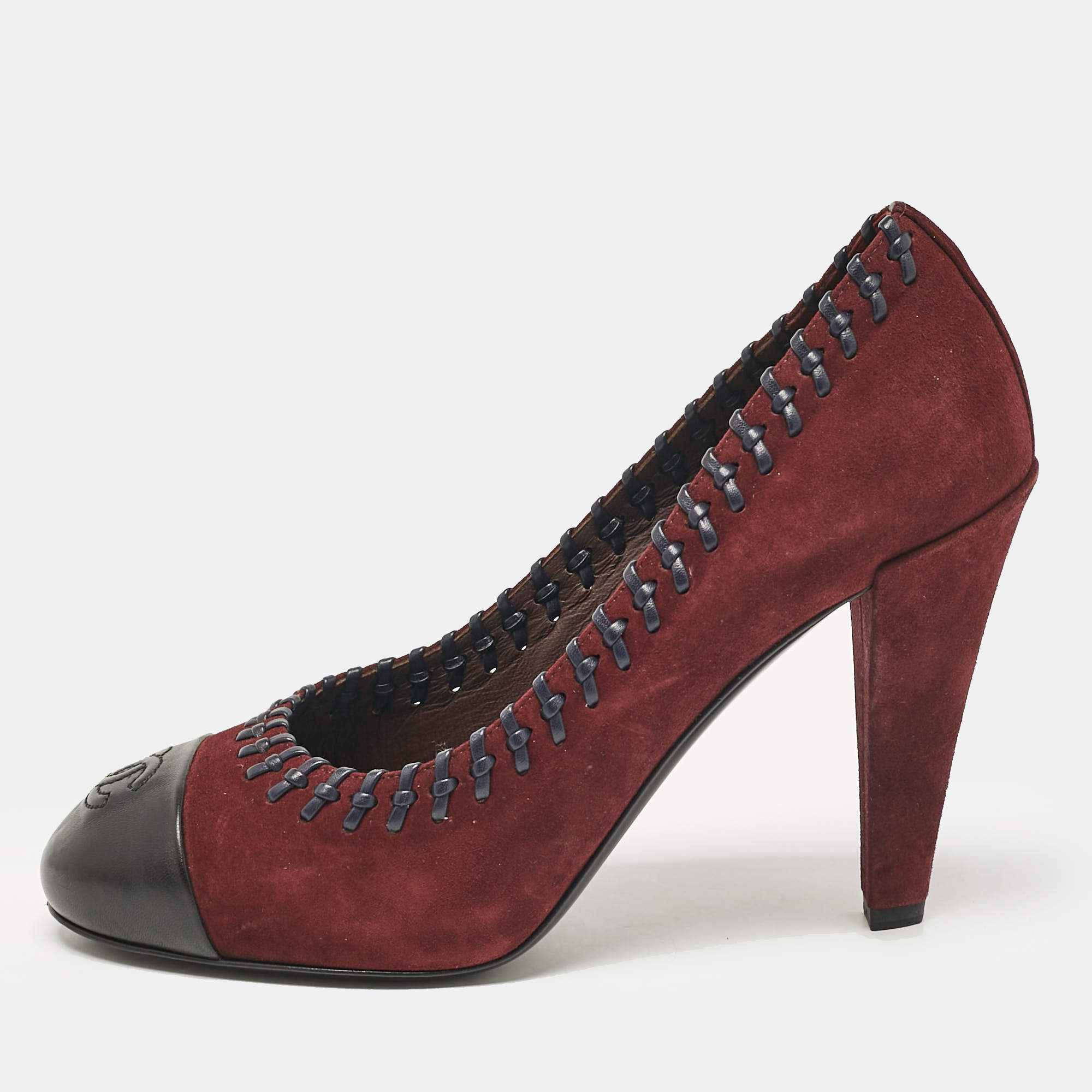 Pre Owned Chanel Burgundy/Black Suede and Leather CC Platform Pumps Size 38
