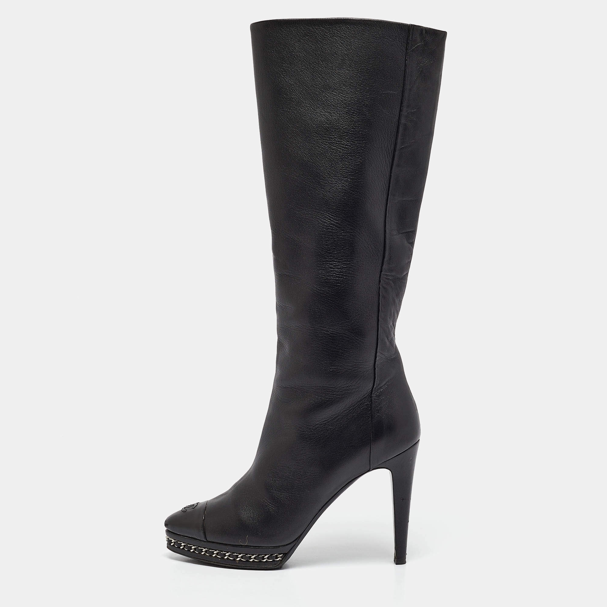 Pre Owned Chanel Black Leather Chain Detail Cap Toe Mid Length Boots Size 38.5