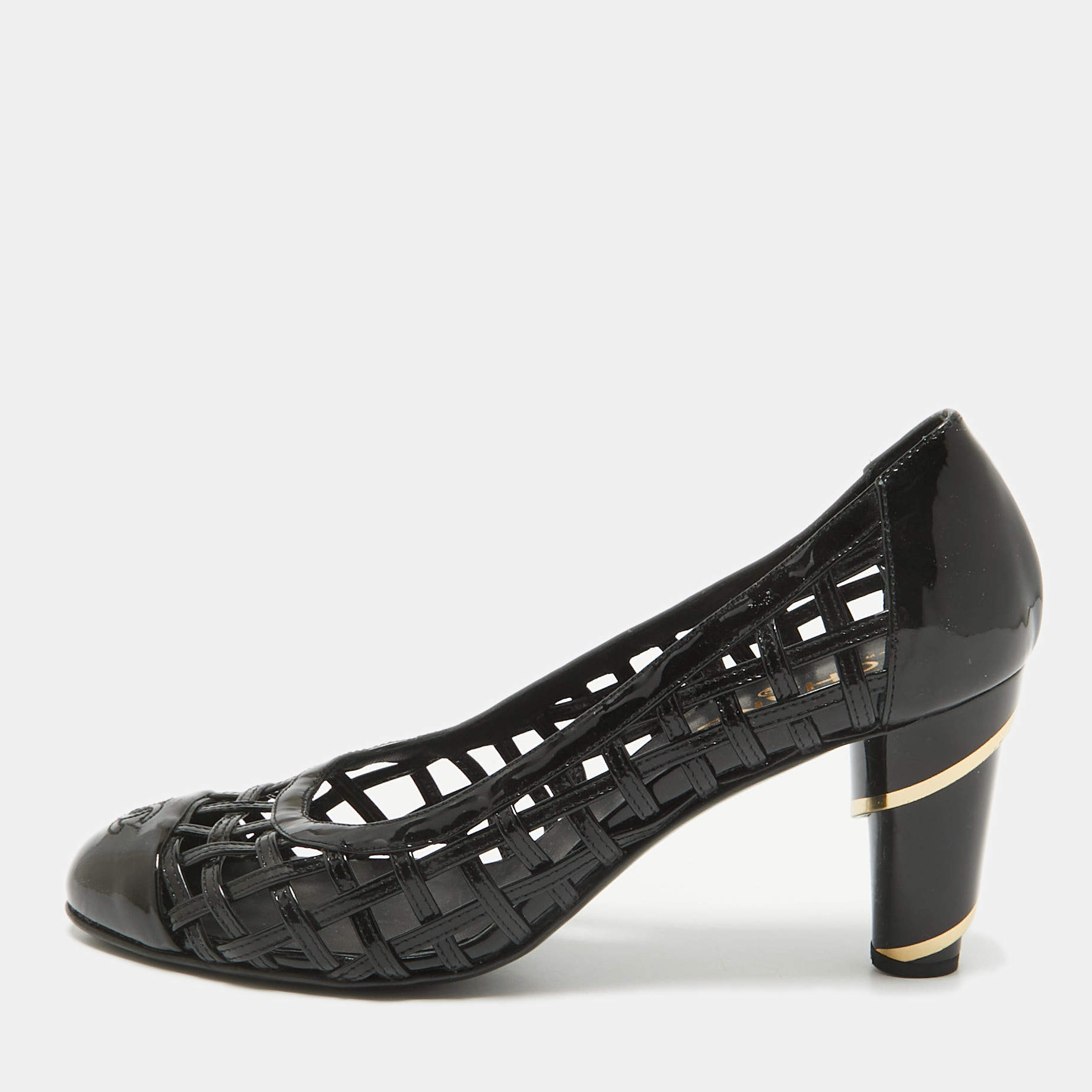 Chanel Black Patent Leather CC Cap Toe Caged Pumps Size 40