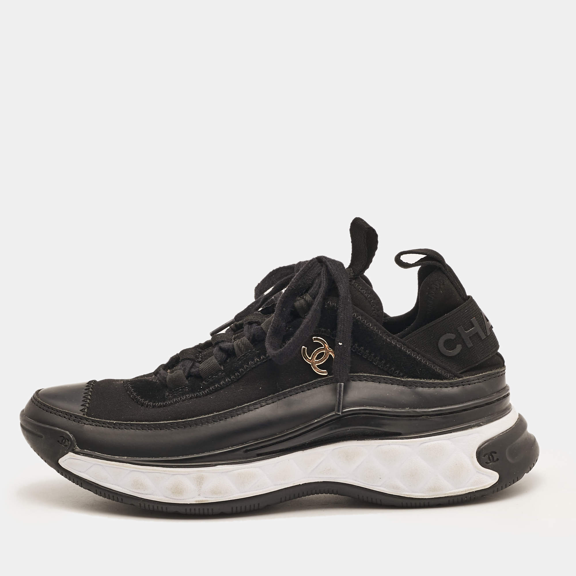 Pre Owned Chanel Black Rubber and Fabric Interlocking CC Sneakers Size 37