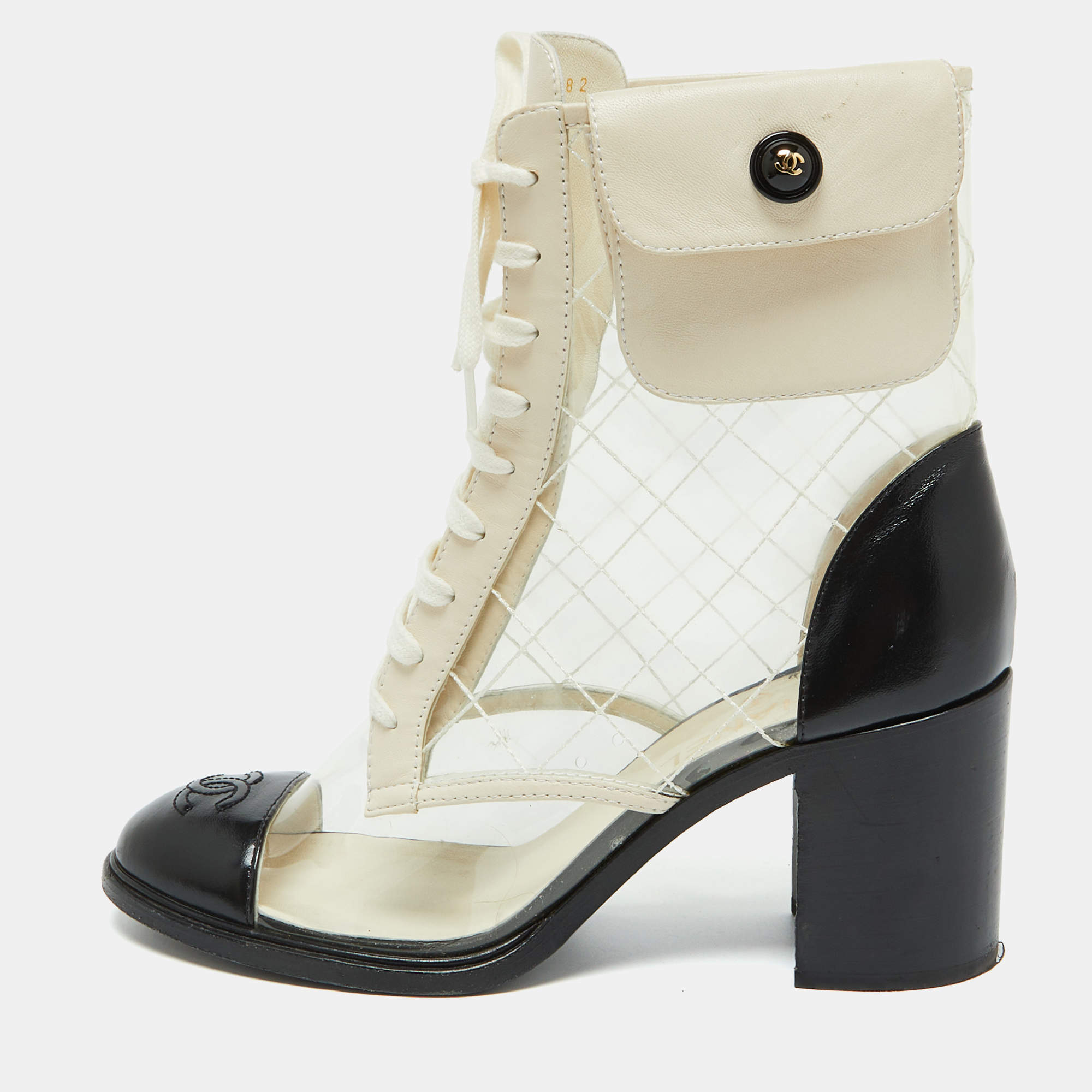 Chanel Black/White PVC and Leather CC Pocket Lace up Ankle Boots Size 39