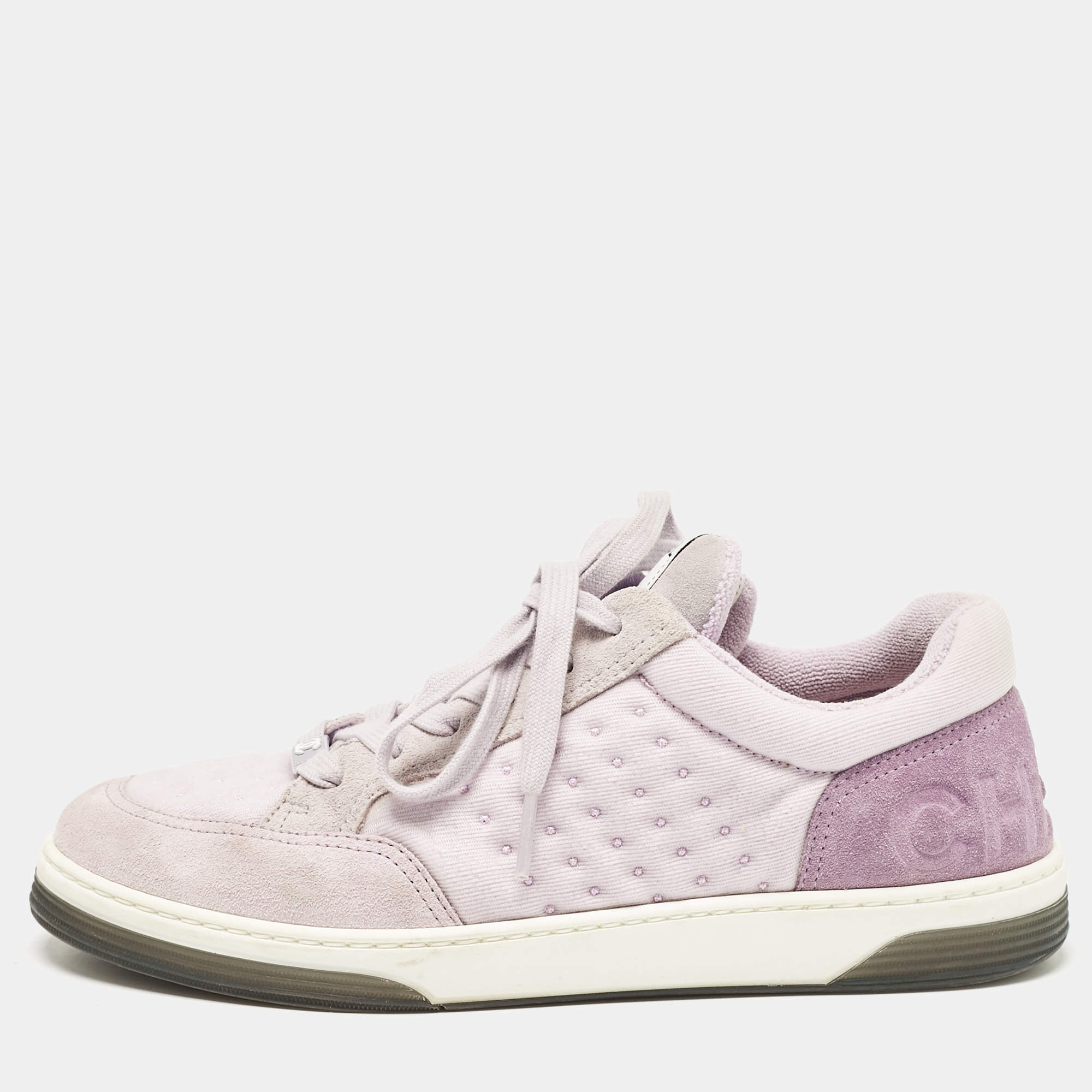 Pre Owned Chanel Purple Fabric and Suede CC Low Top Sneakers Size 38.5