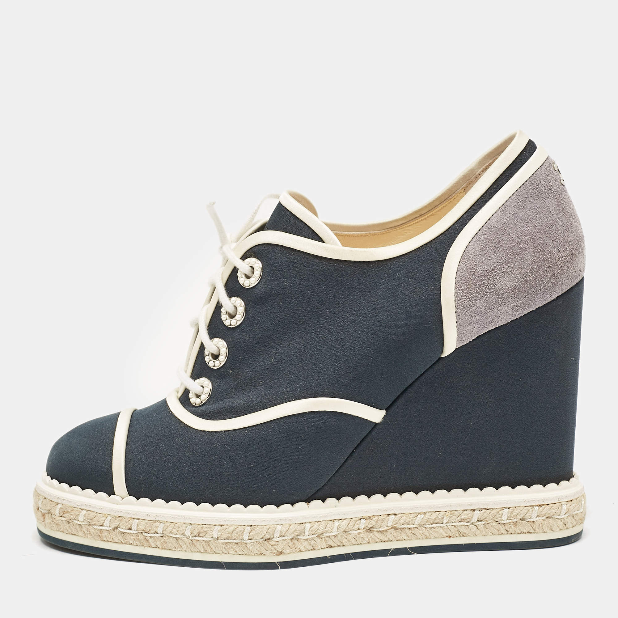 Chanel Blue/Grey Fabric and Suede Wedge Sneakers Size 37