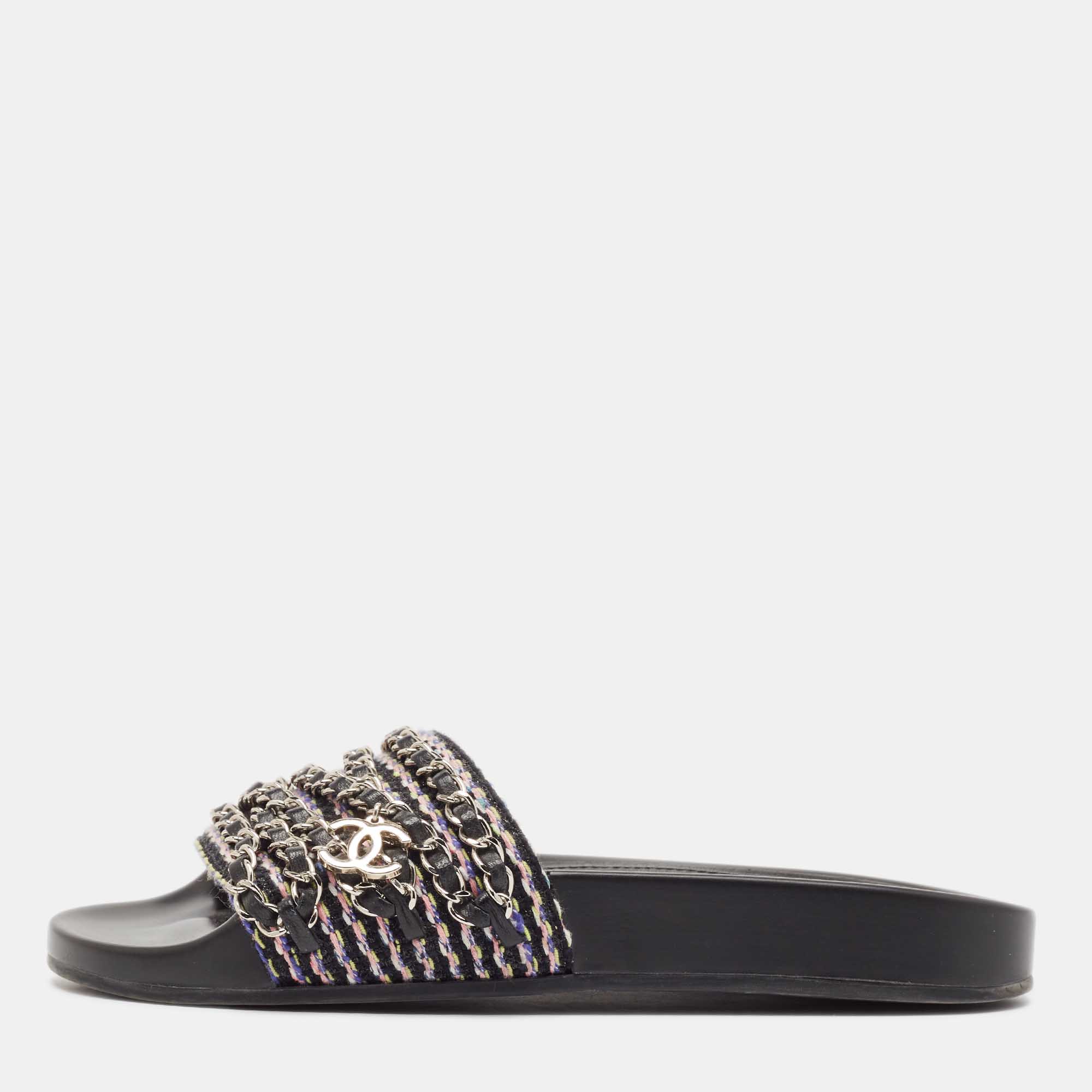 Pre Owned Chanel Black Intrecciato Leather Tropiconic Chain Detail Slides Size 36