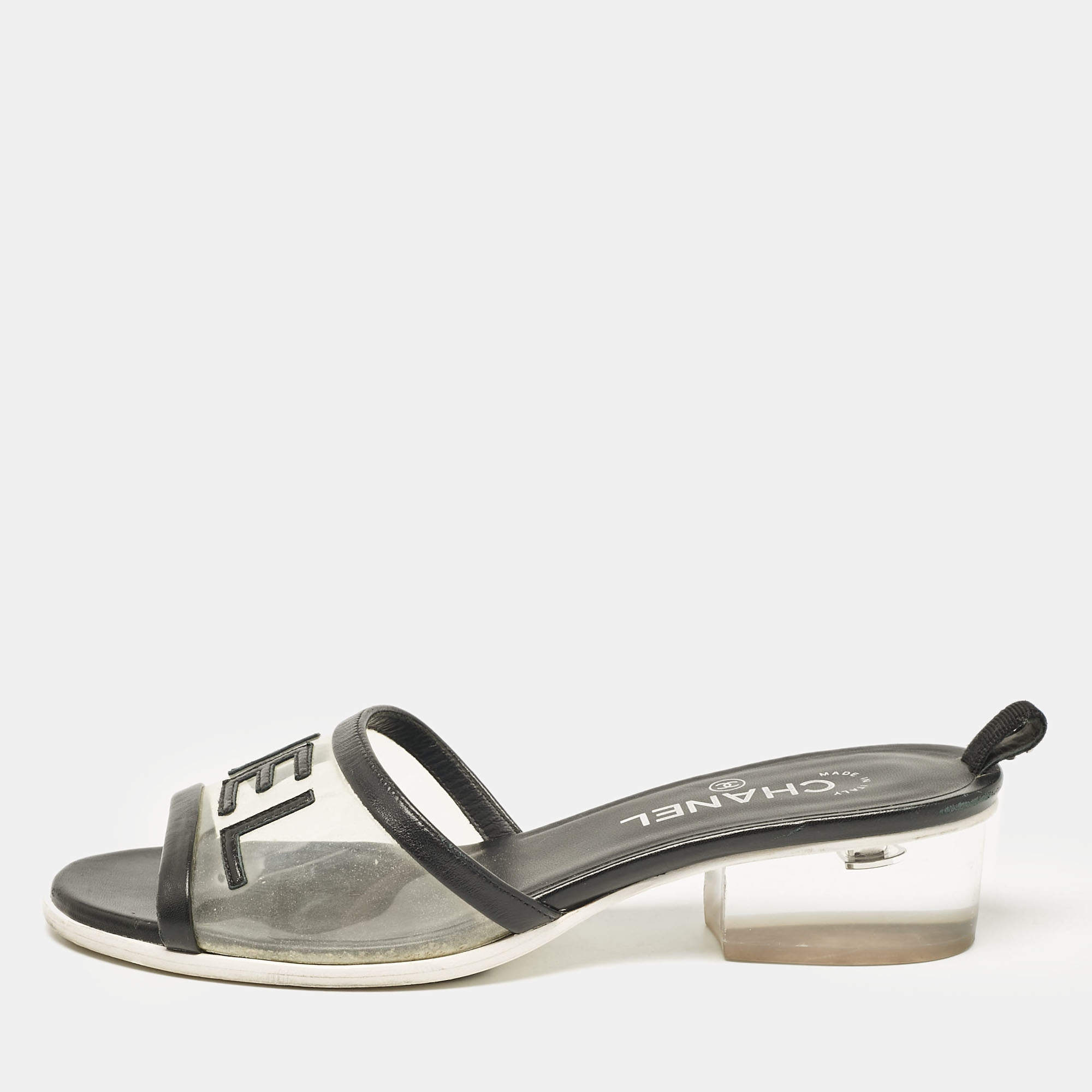 Pre Owned Chanel Black Leather and PVC Logo Block Heel Slide Sandals Size 39