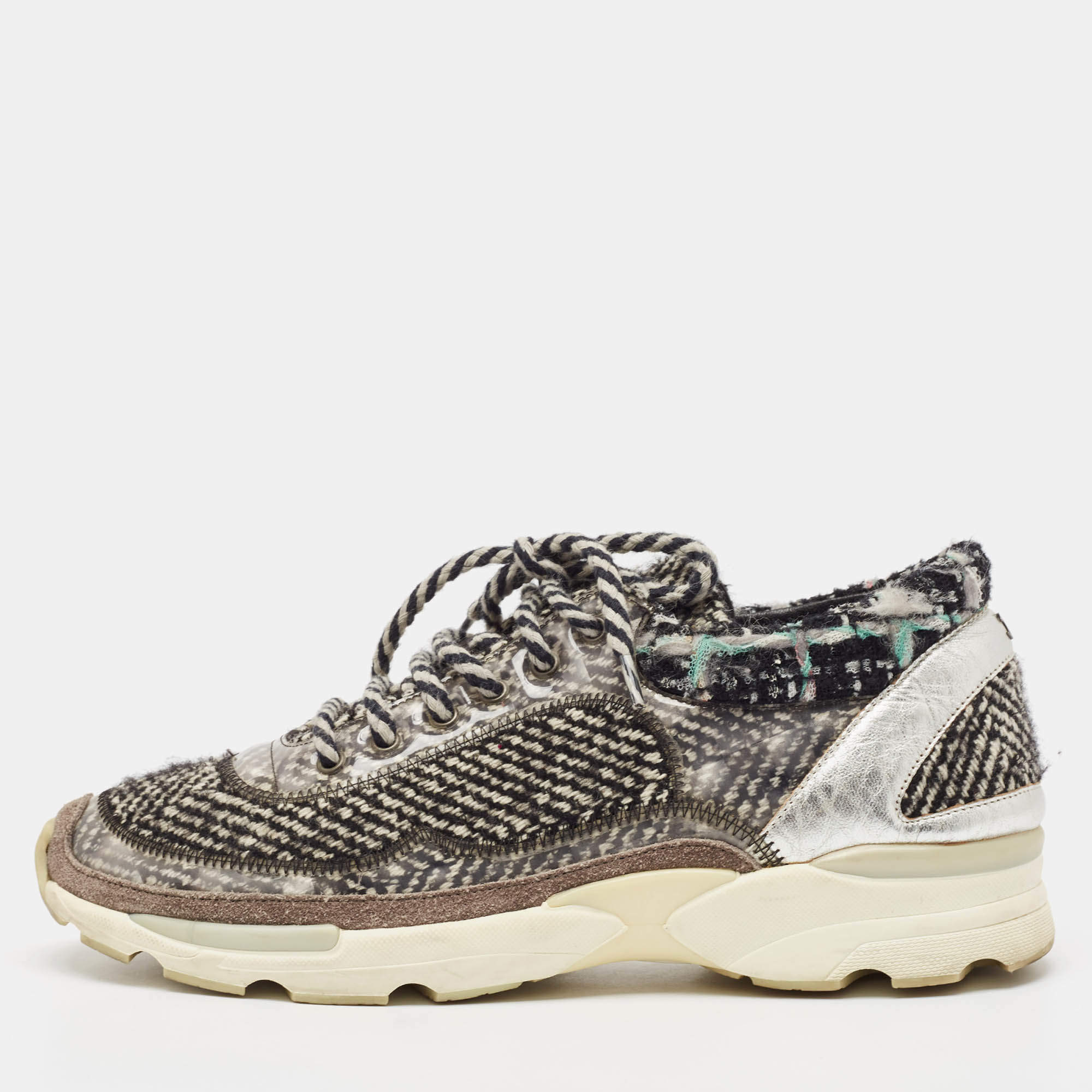 Pre Owned Chanel Silver/Black PVC and Tweed Low Top Sneakers Size 38