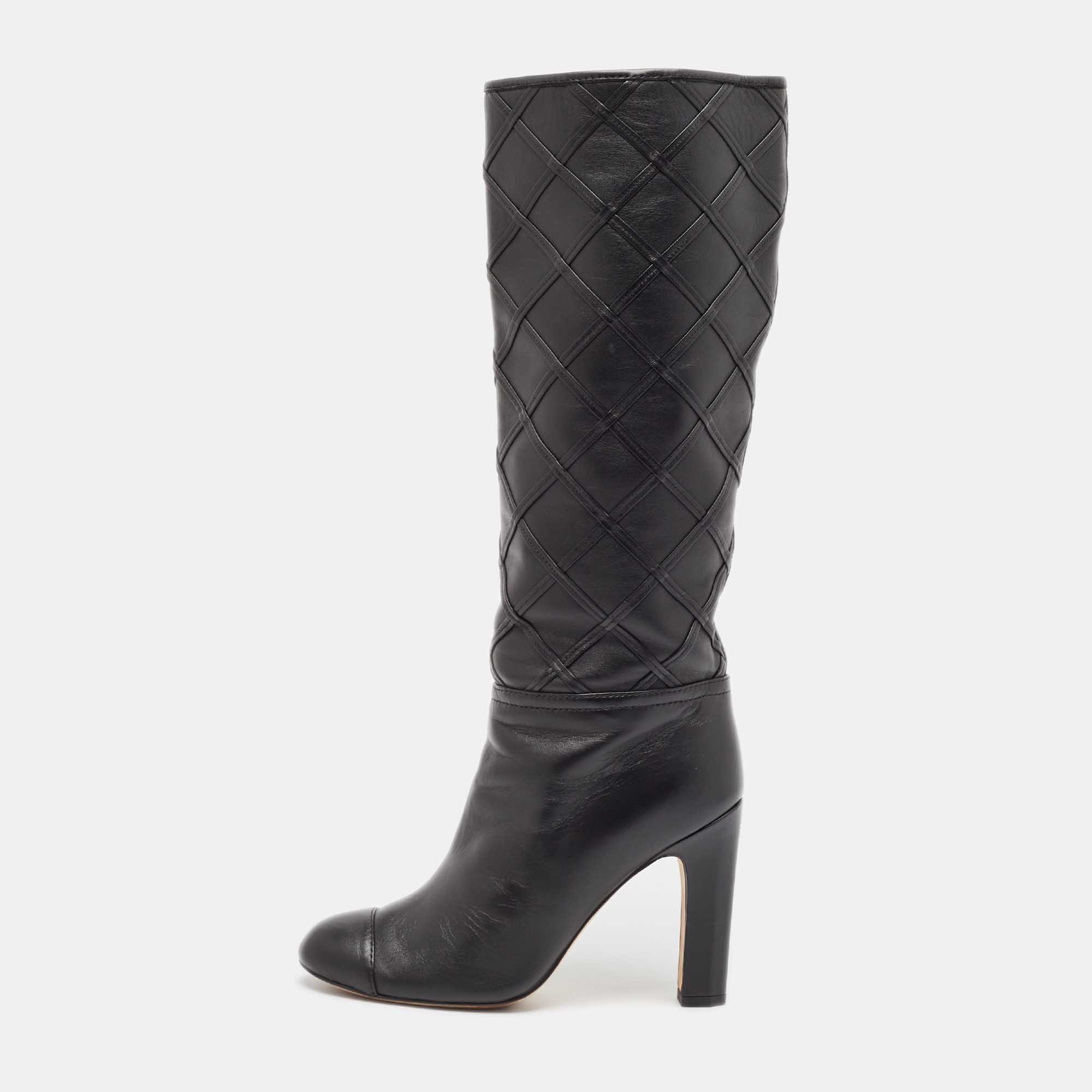 Pre Owned Chanel Black Leather CC Cap Toe  Mid Calf Boots Size 36.5