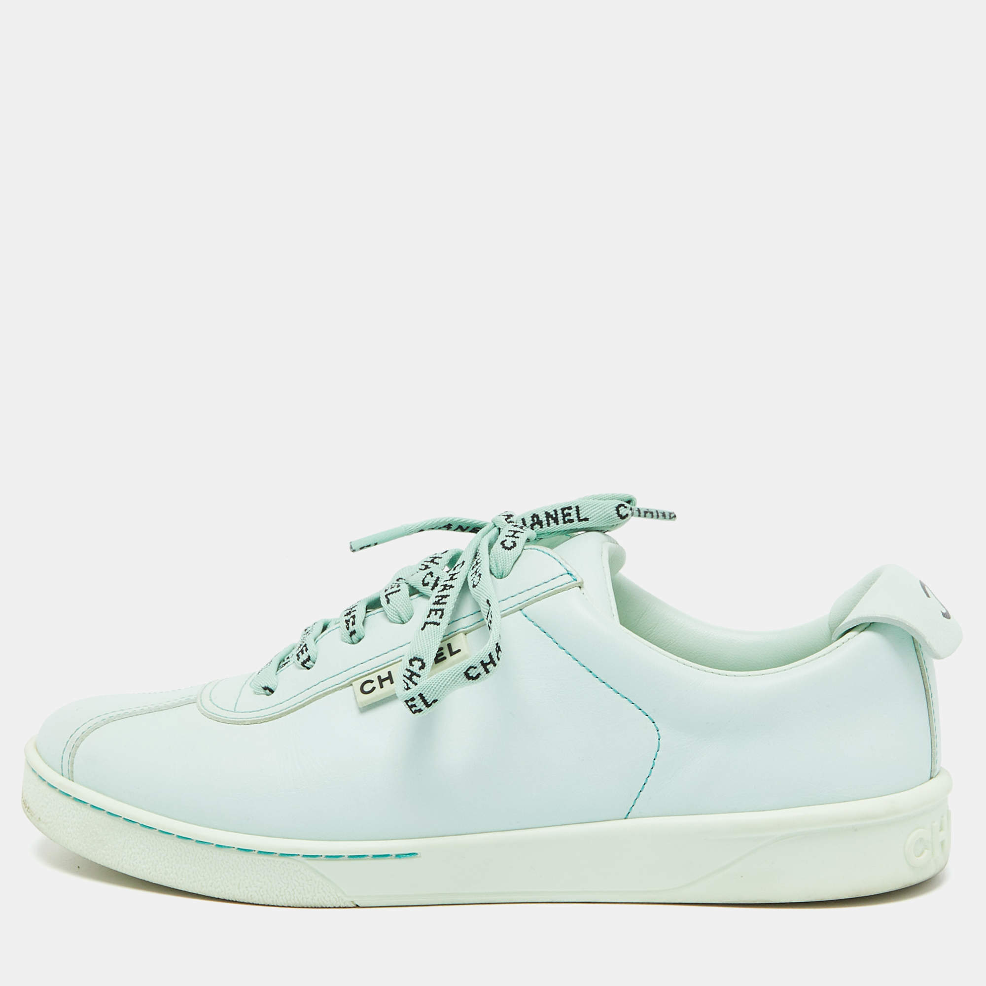 Pre Owned Chanel Pastel Green Leather CC Low Top Sneakers Size 39