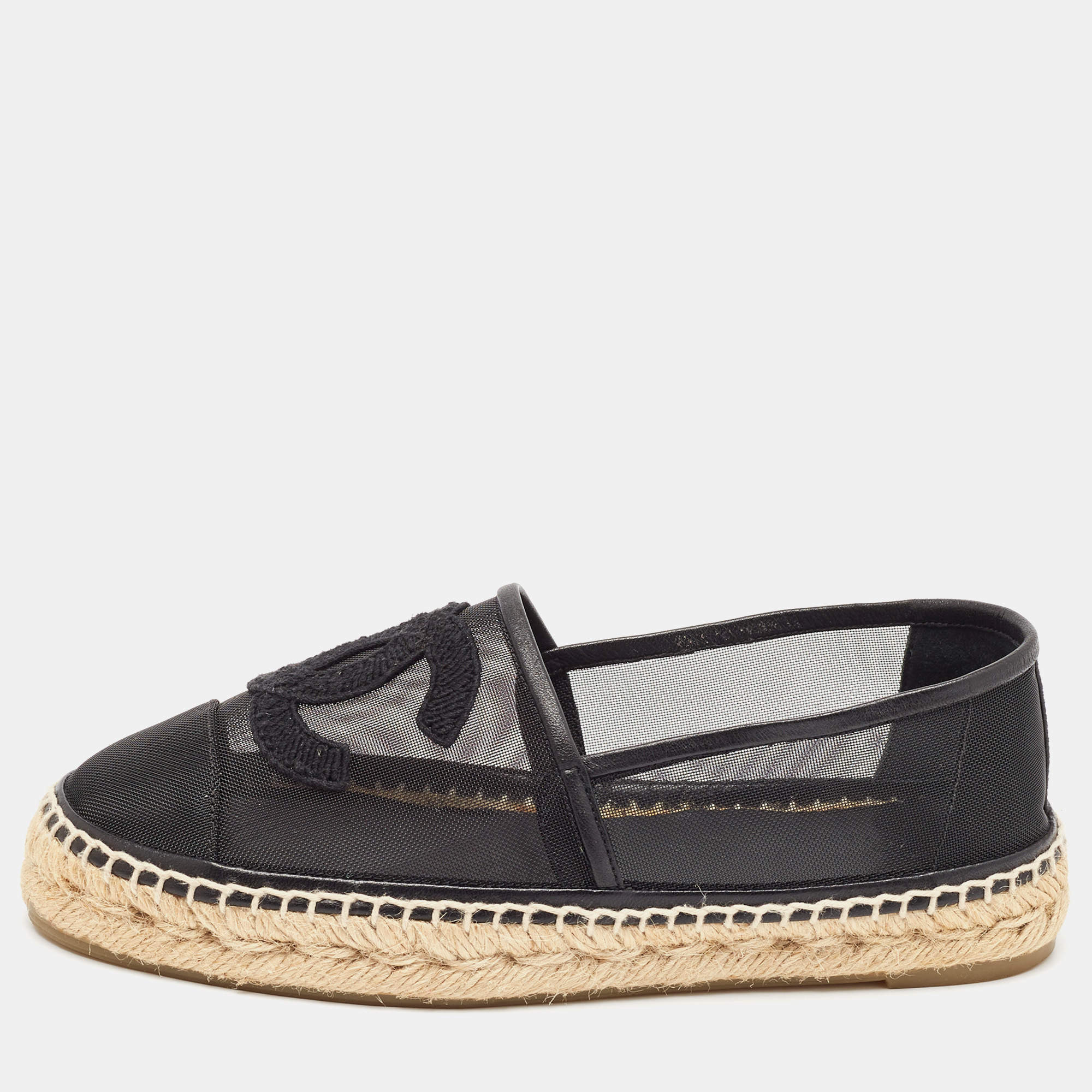 Pre Owned Chanel Black Mesh and Leather CC Espadrille Flats Size 36