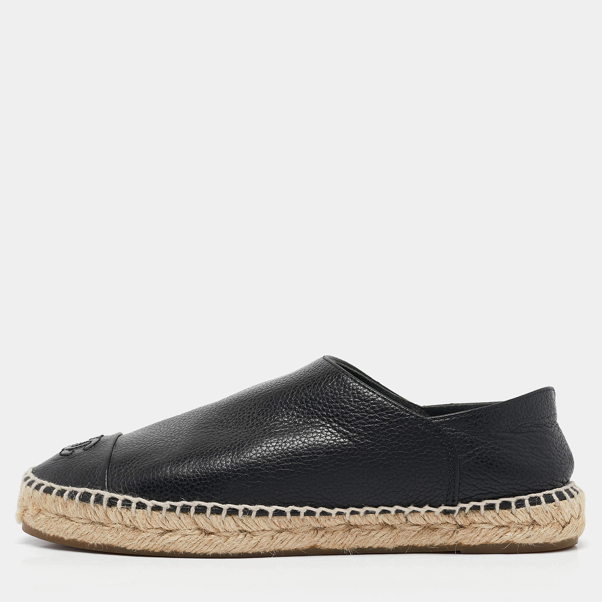 Pre Owned Chanel Black Leather CC Espadrille Flats Size 38