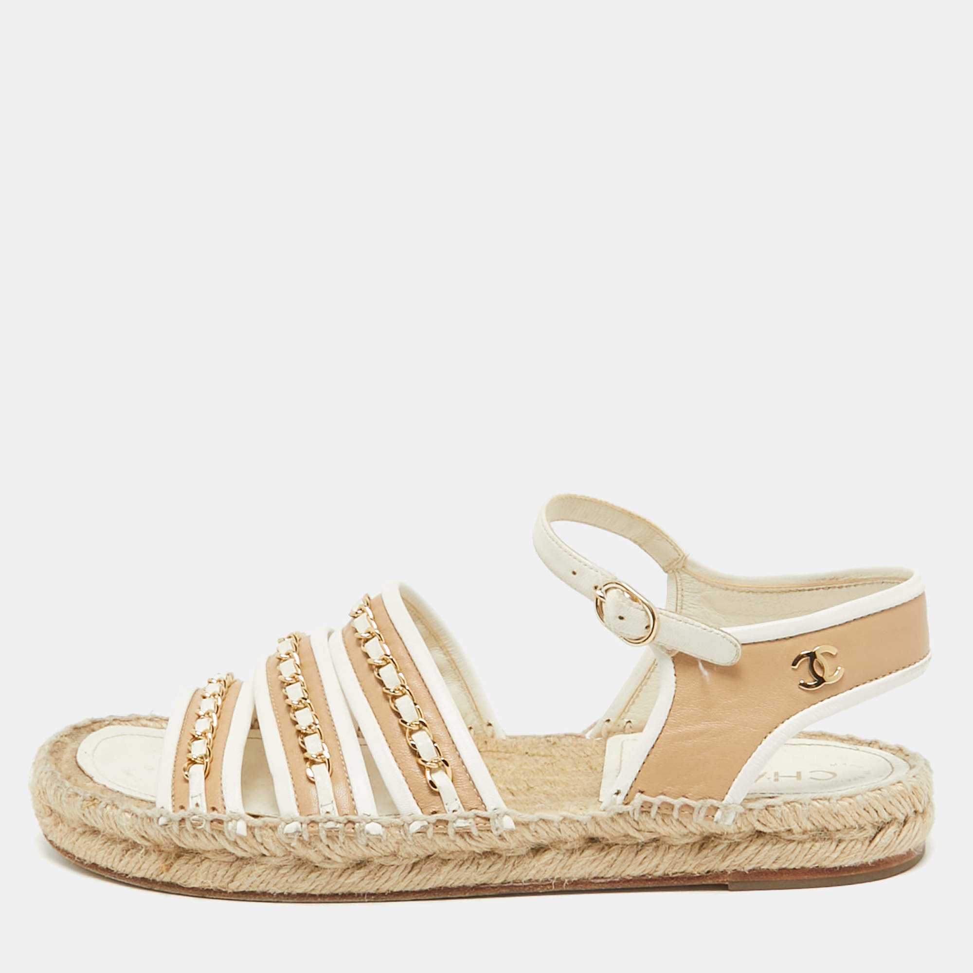 Chanel Beige/White Leather CC Chain Link Strappy Espadrille Sandals Size 39
