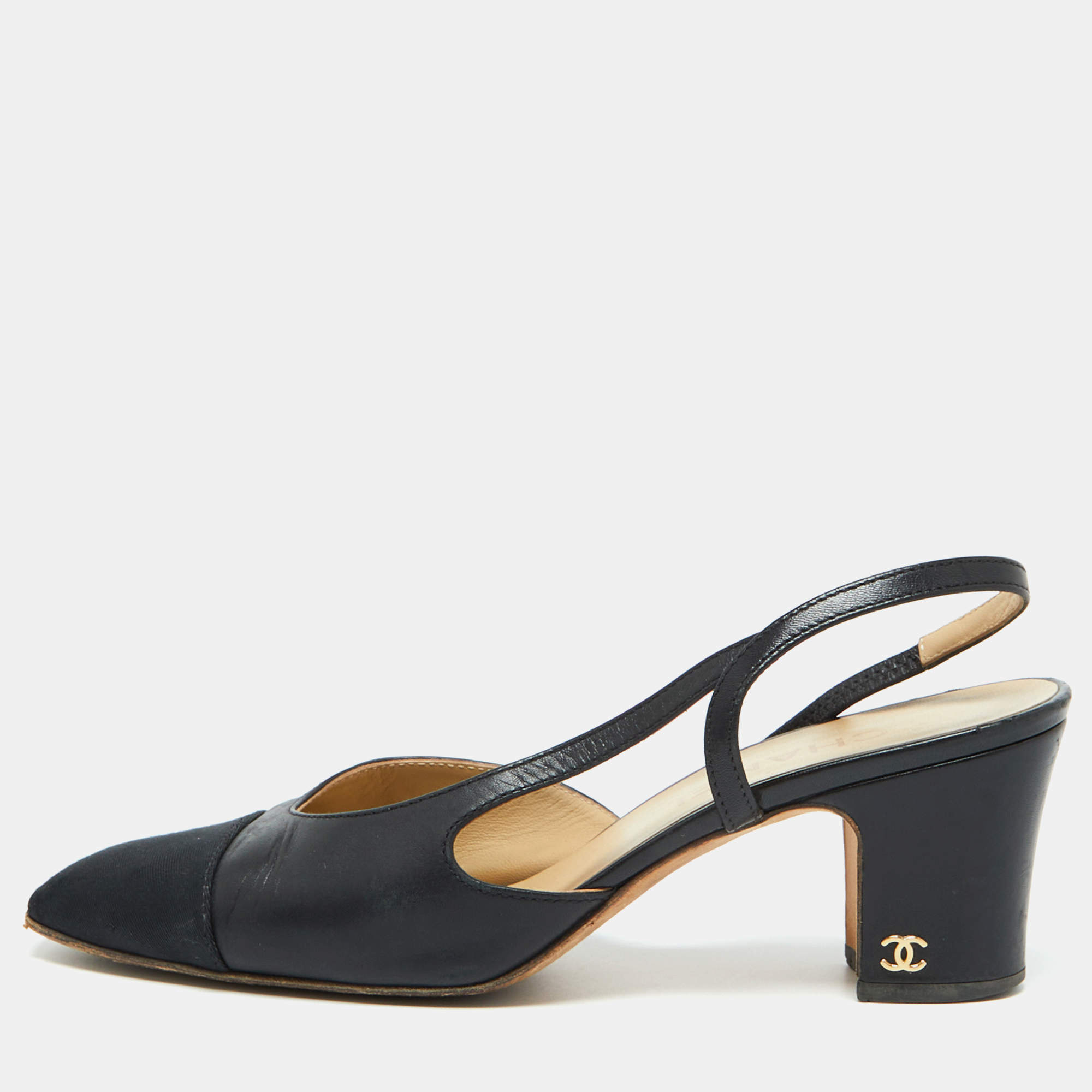 Chanel Black Leather and Fabric CC Cap Toe Slingback Pumps Size 38