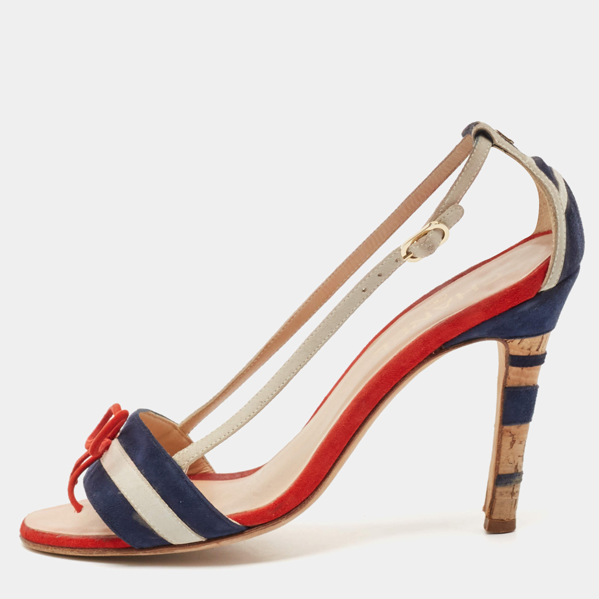 Chanel Multicolor Suede CC Bow Cork Heel Ankle Strap Sandals Size 37