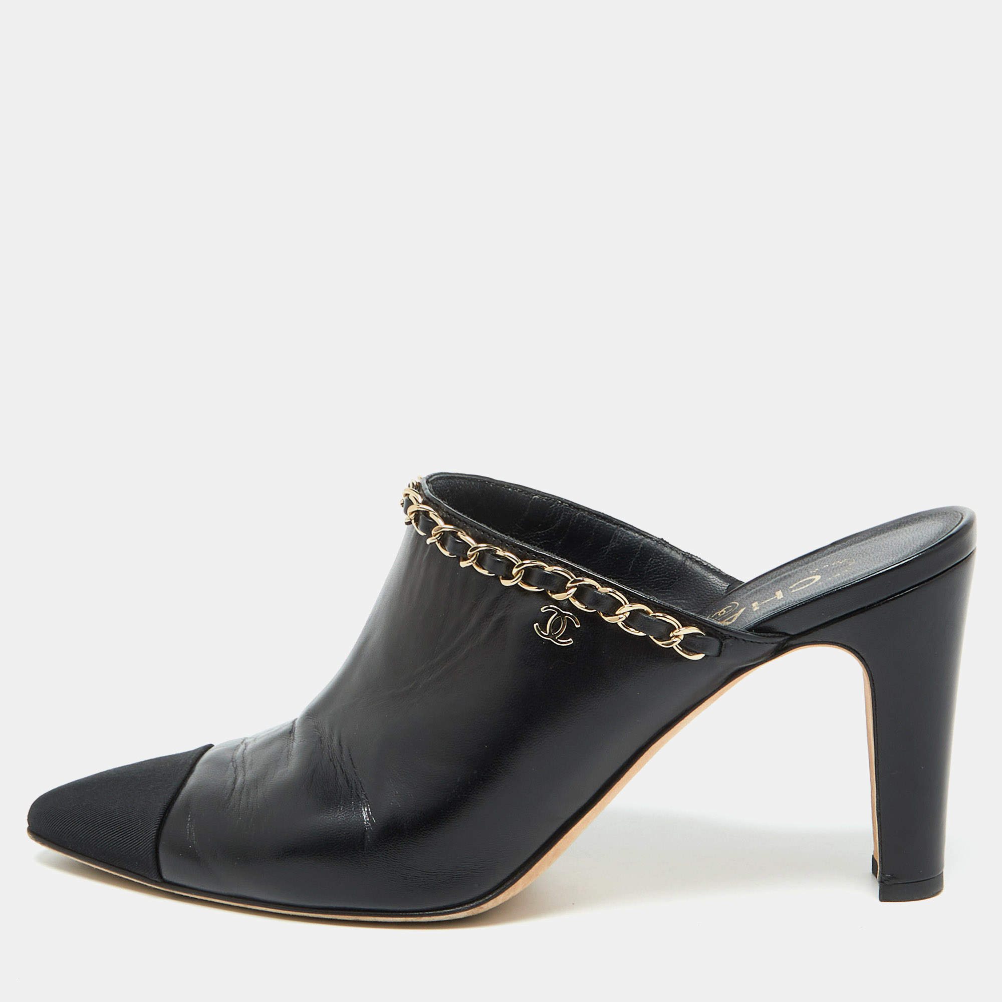 Chanel Black Leather CC Logo Chain Link Pointed Toe Mules Size 39