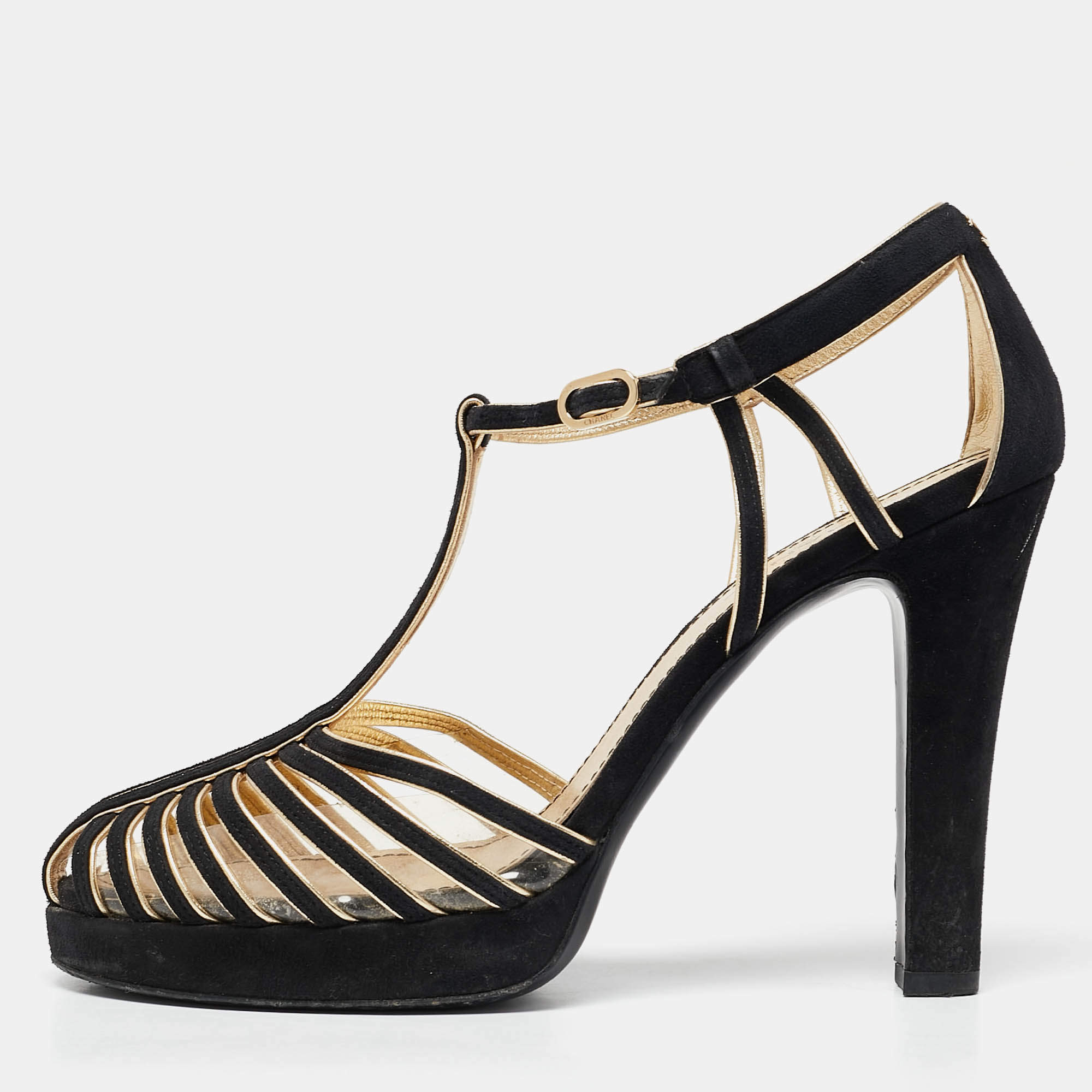 Pre Owned Chanel Black/Gold Suede T- Strap Platform Pumps Size 38