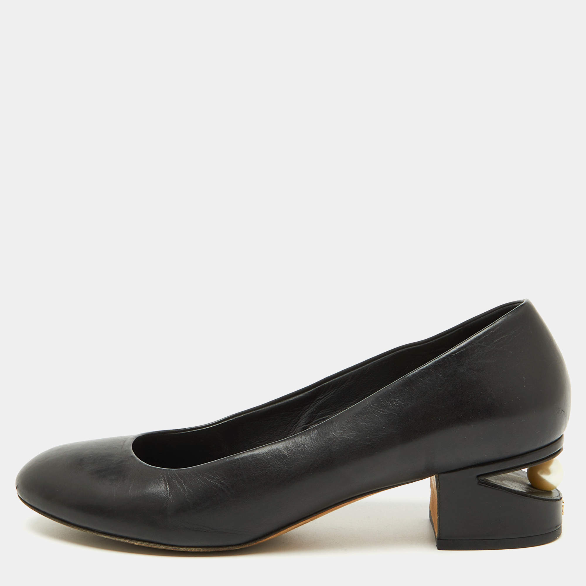 Pre Owned Chanel Black Leather Pearl Embellished Block Heel Pumps Size 37