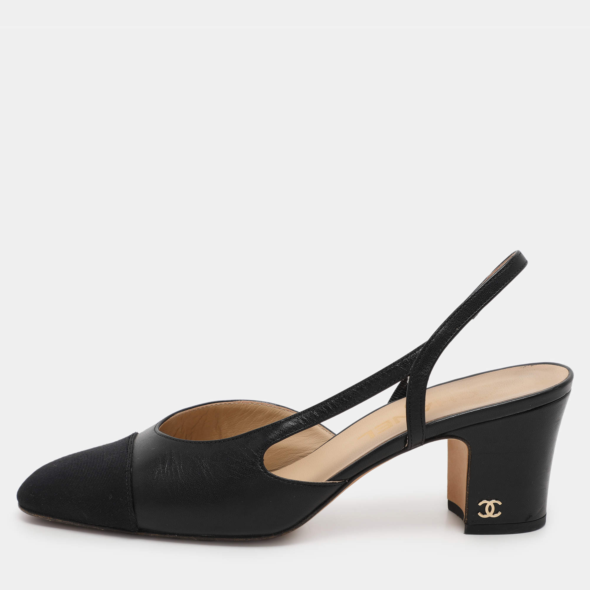 Chanel Black Fabric and Leather CC Slingback Pumps Size 37.5