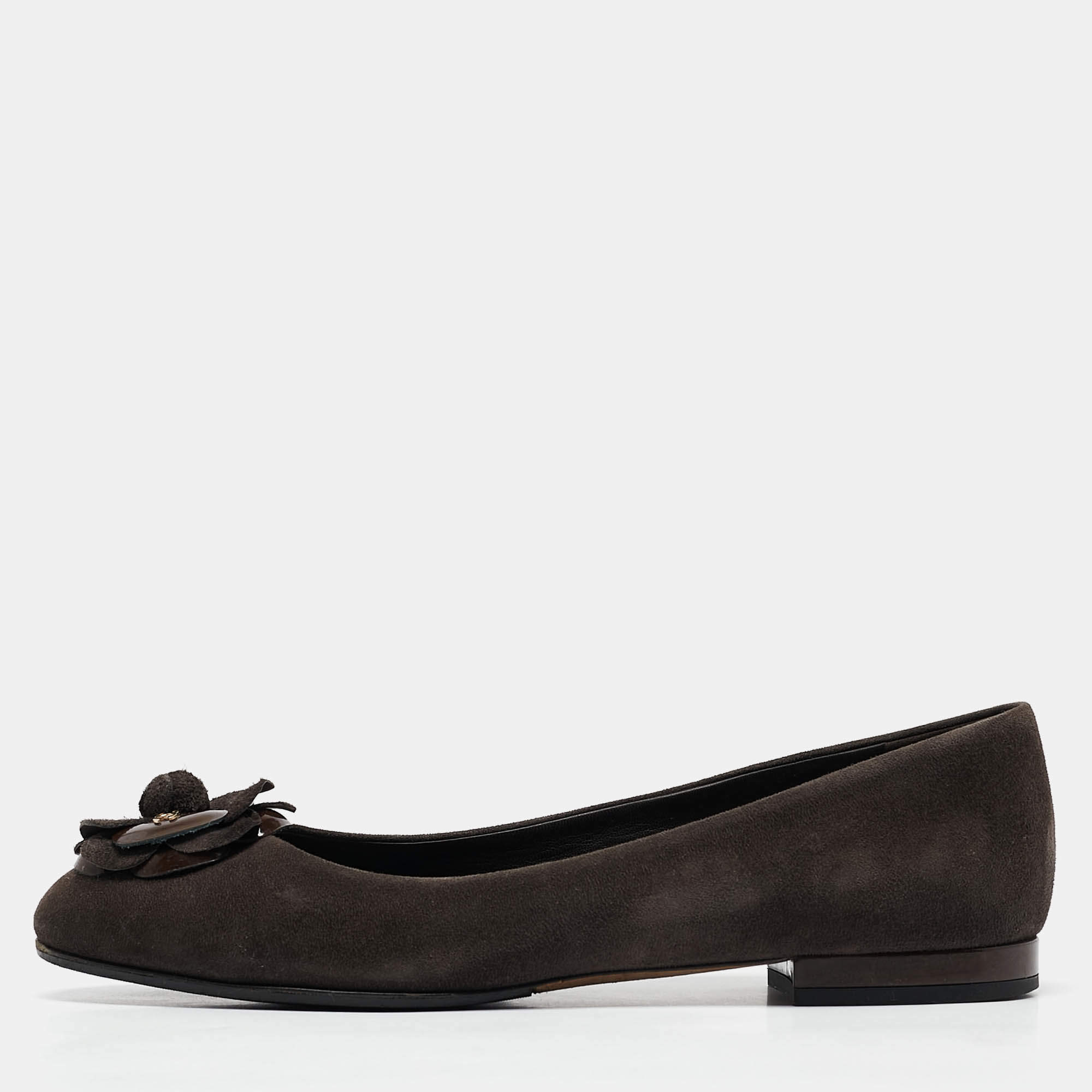 Pre Owned Chanel Dark Brown Suede CC Camelia Ballet Flat Size 38.5