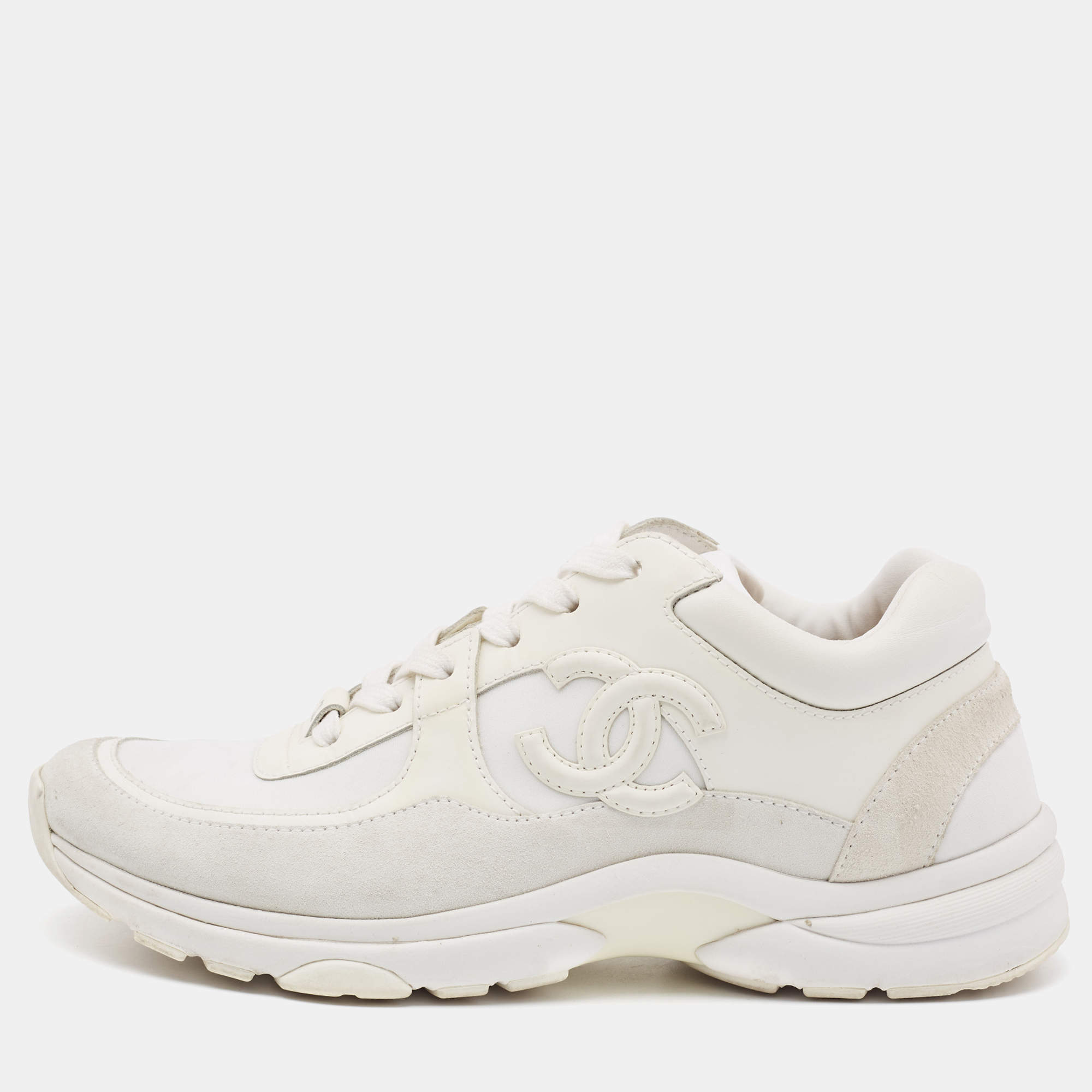 Pre Owned Chanel White Leather, Neoprene and Suede CC Low Top Sneakers Size 39