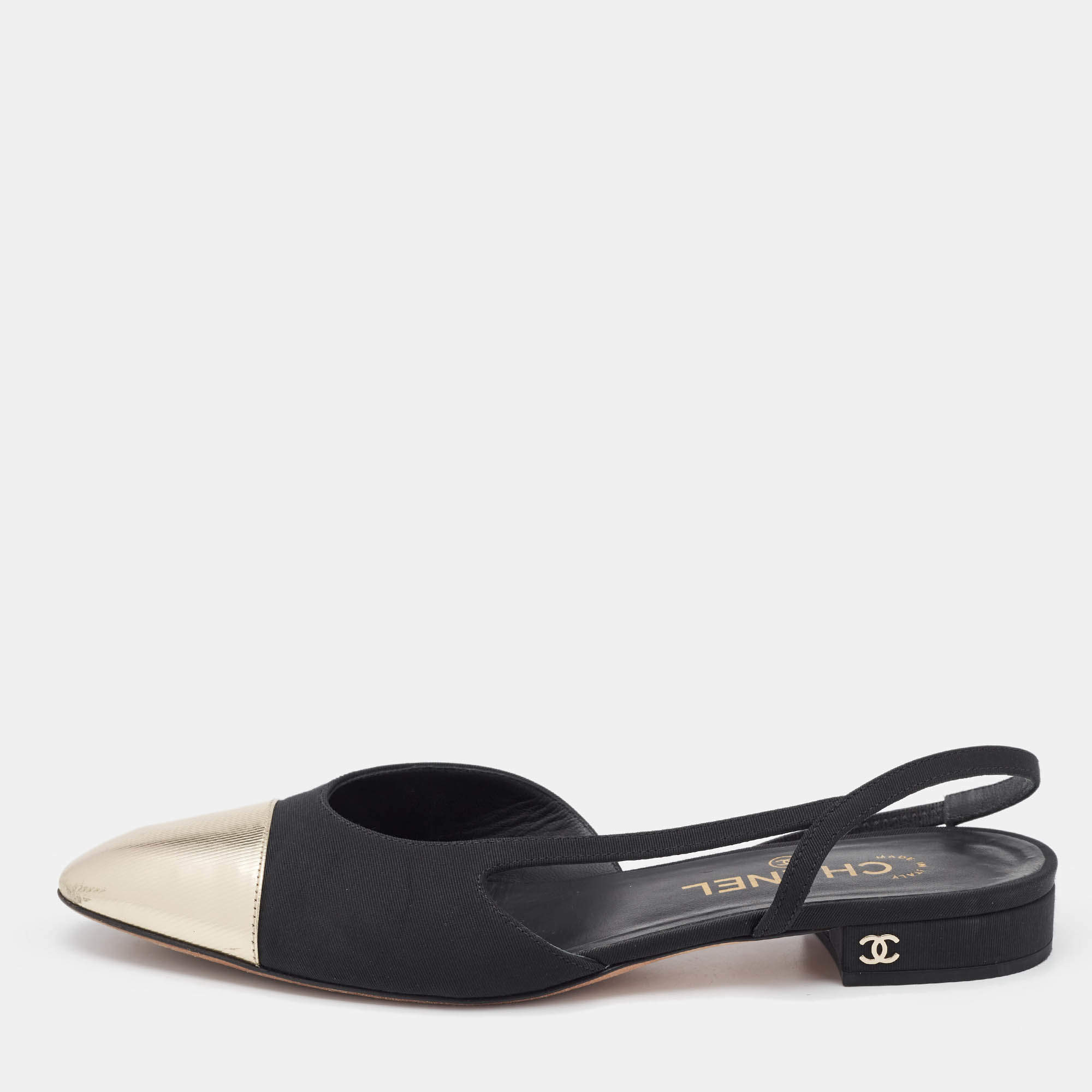 Pre Owned Chanel Black/Gold Grosgrain and Leather CC Slingback Flats Size 39.5