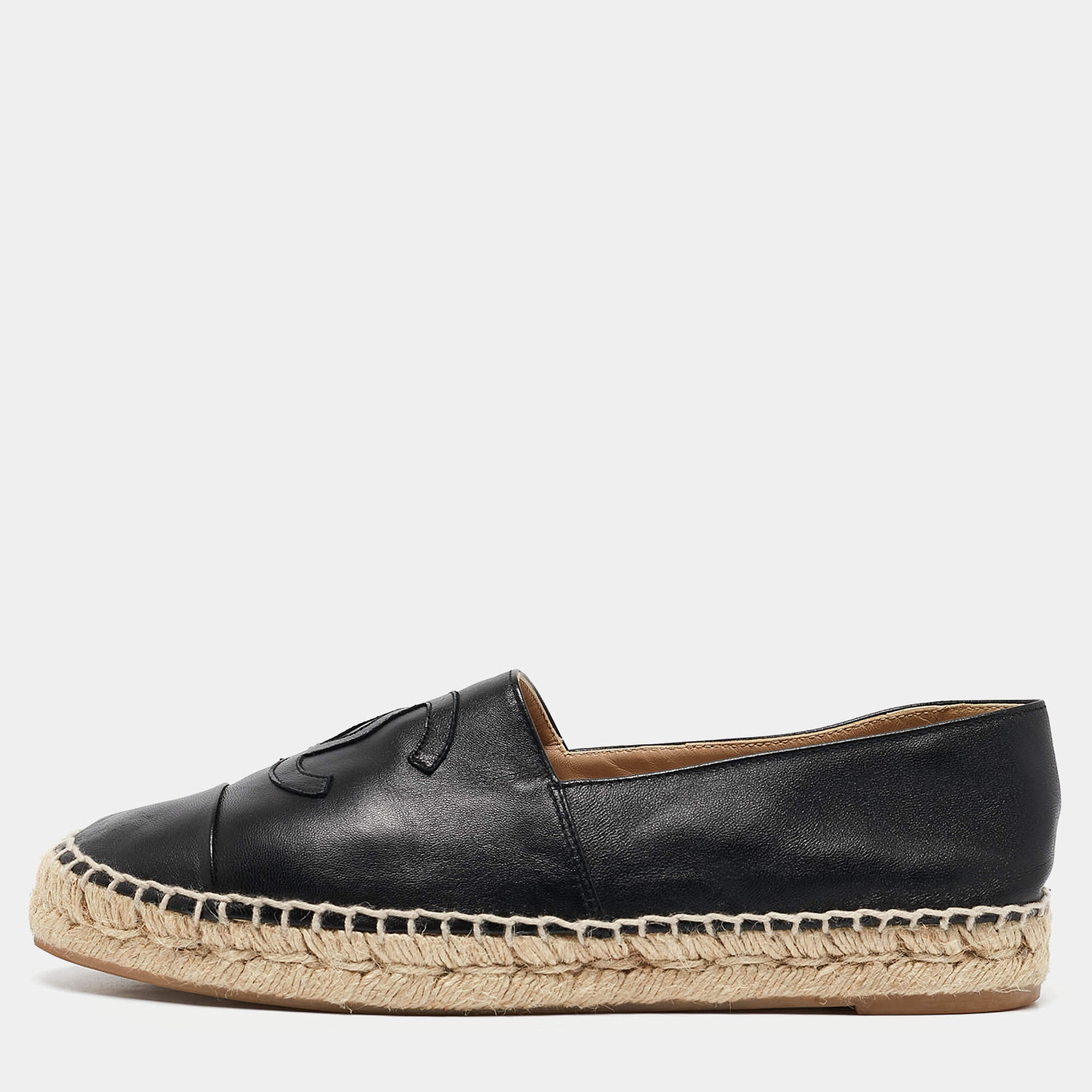 Pre Owned Chanel Black Leather CC Cap Toe Espadrille Flats Size 39