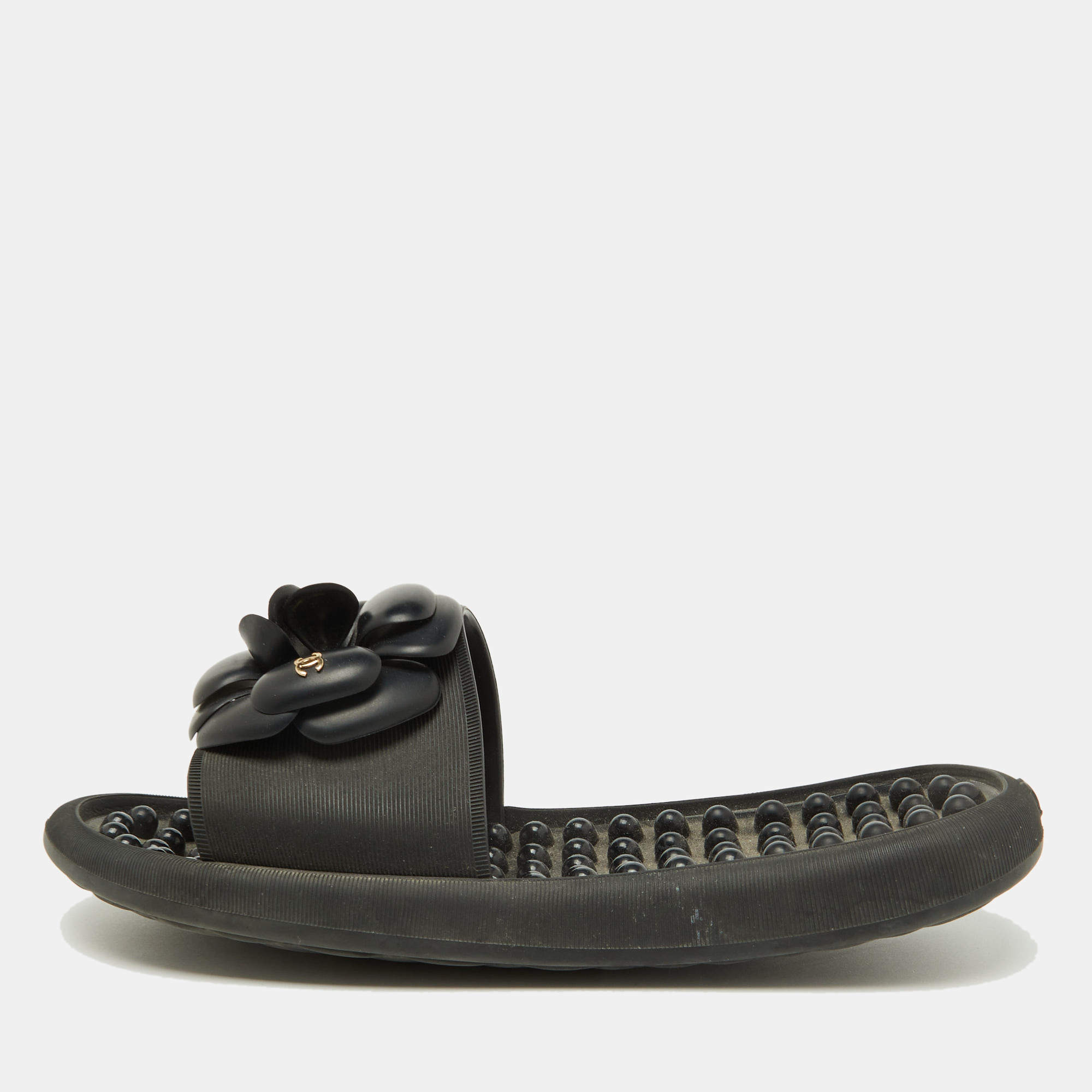 Chanel Black Textured Rubber CC Camellia Flat Slides Size 36