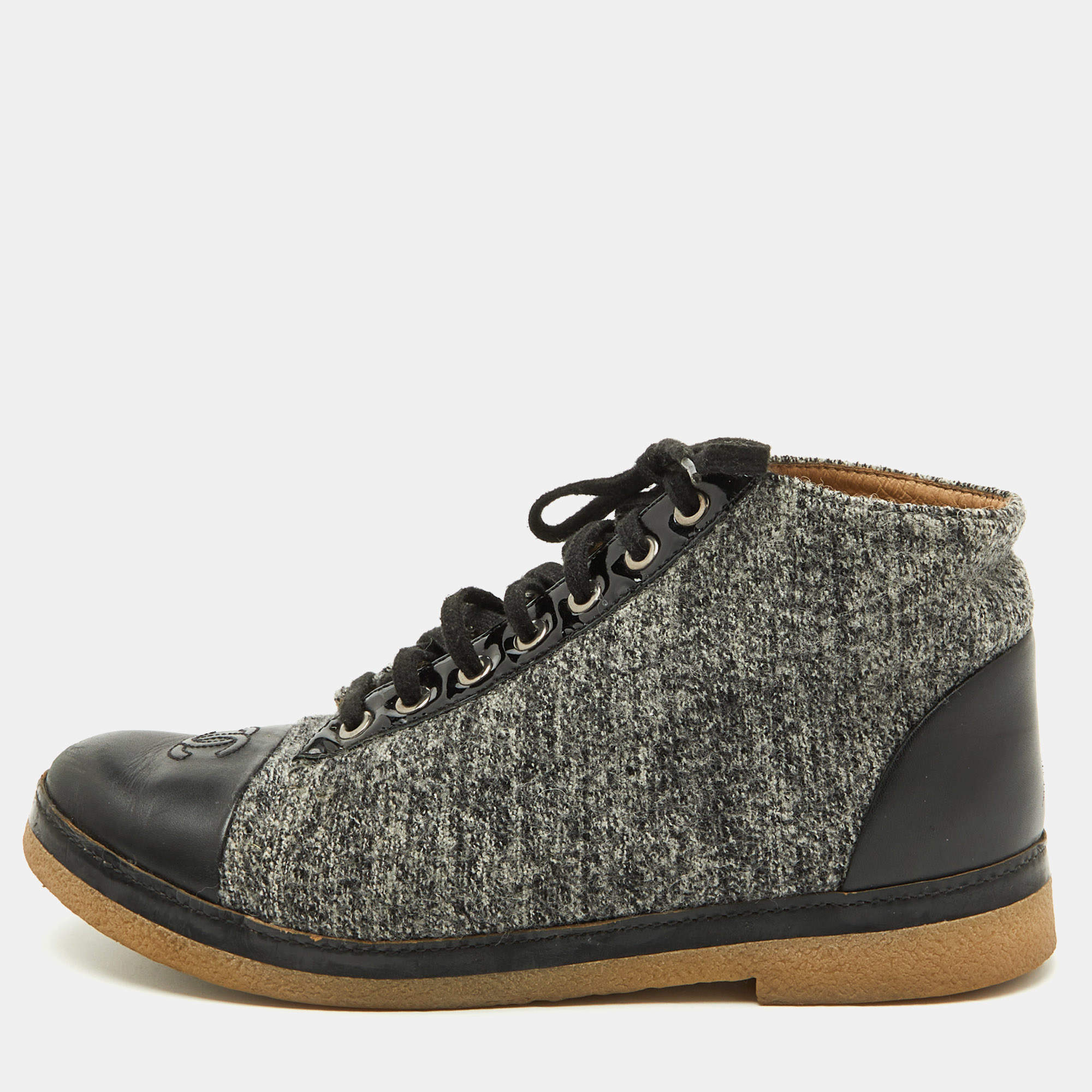 Chanel Grey/Black Tweed and Leather CC Cap Toe High Top Sneakers Size 39.5