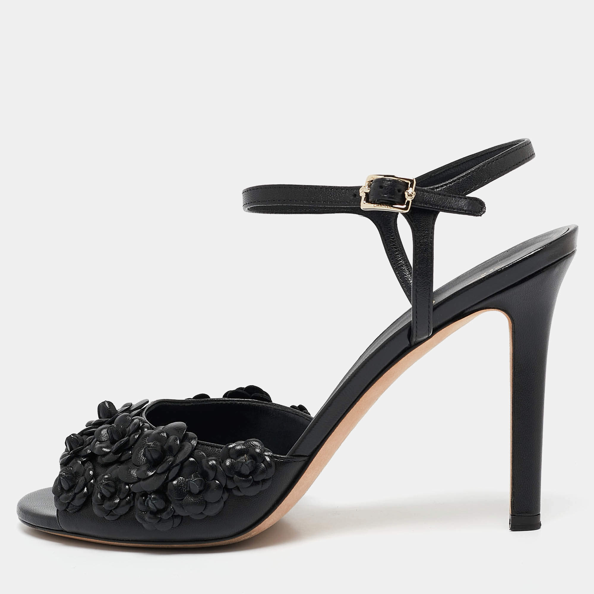 Pre Owned Chanel Black Leather Camellia Applique Ankle Strap Sandals Size 39.5