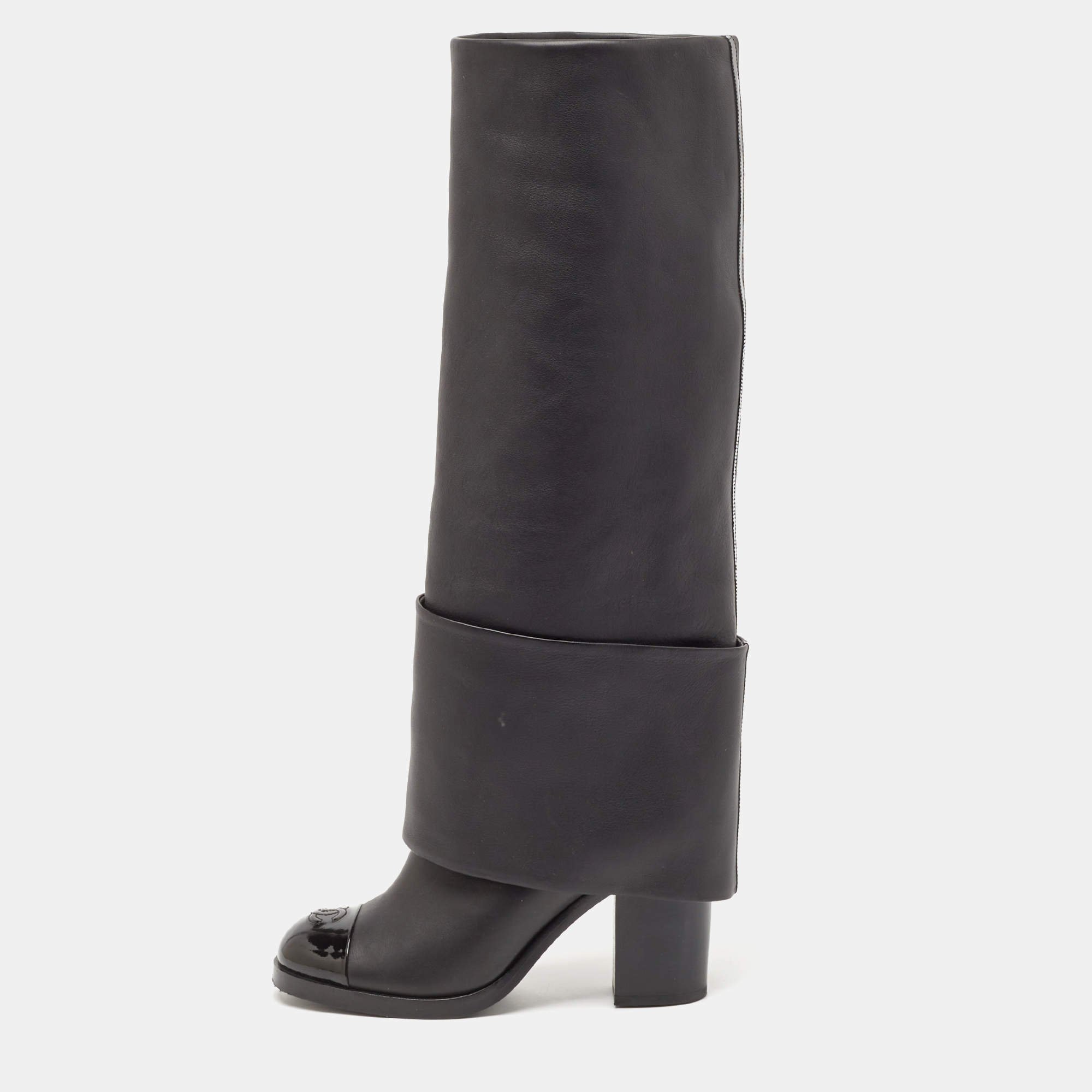 Chanel Black Patent and Leather CC Cap Toe Fold Over High Boots Size 38.5