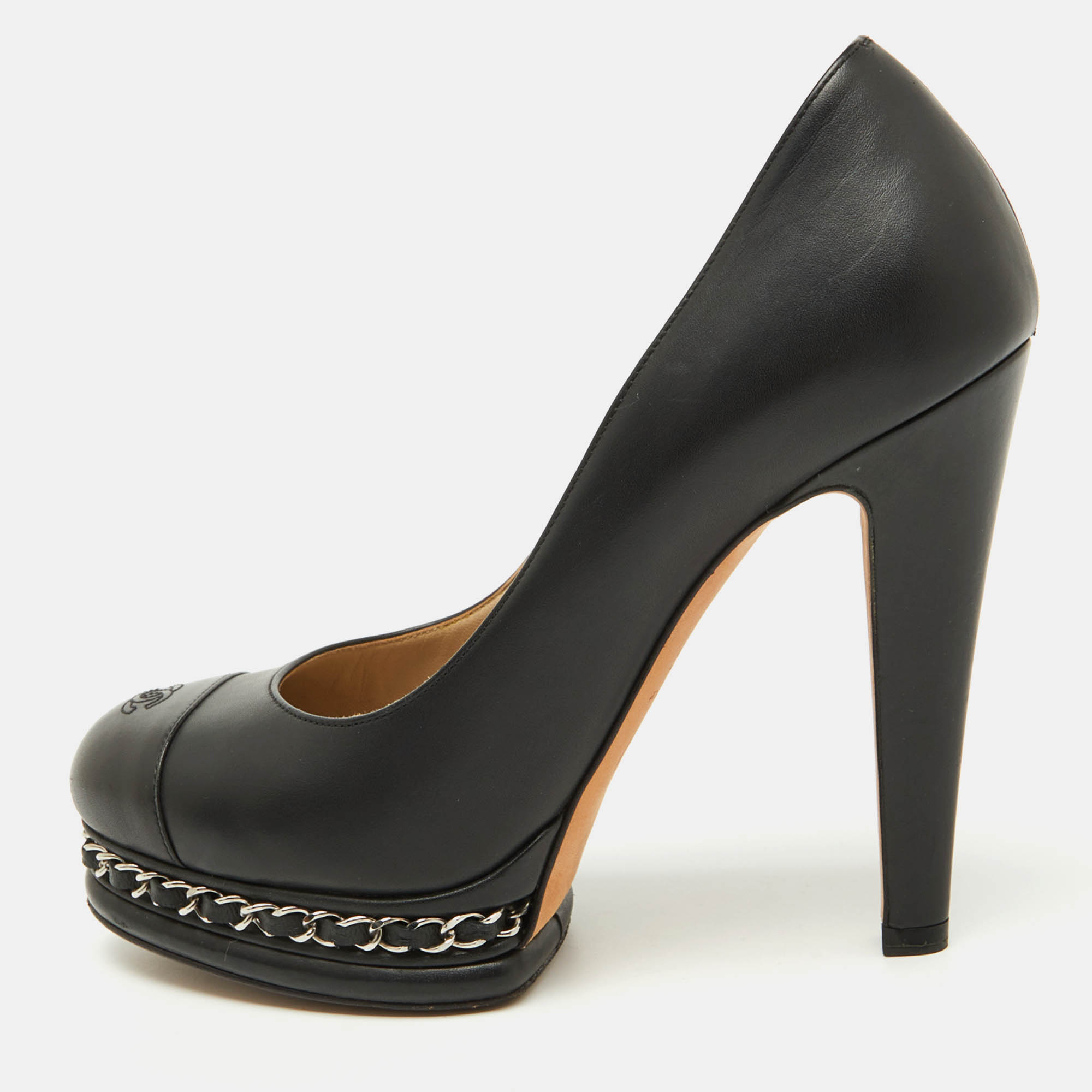 Pre Owned Chanel Black Leather CC Cap Toe Chain Platform Pumps Size 37.5