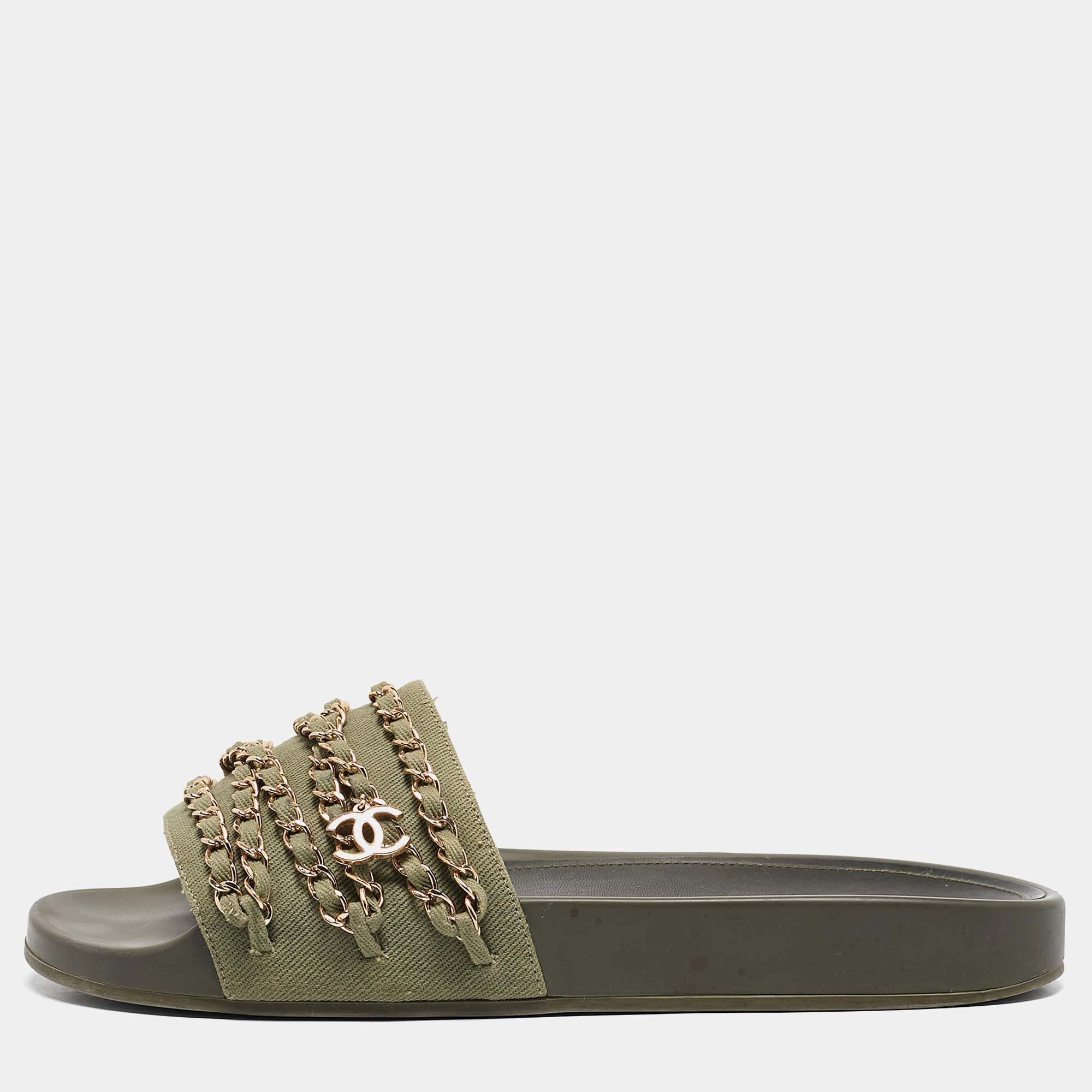 Chanel Green Canvas  Tropiconic Chain Detail Slides Size 42