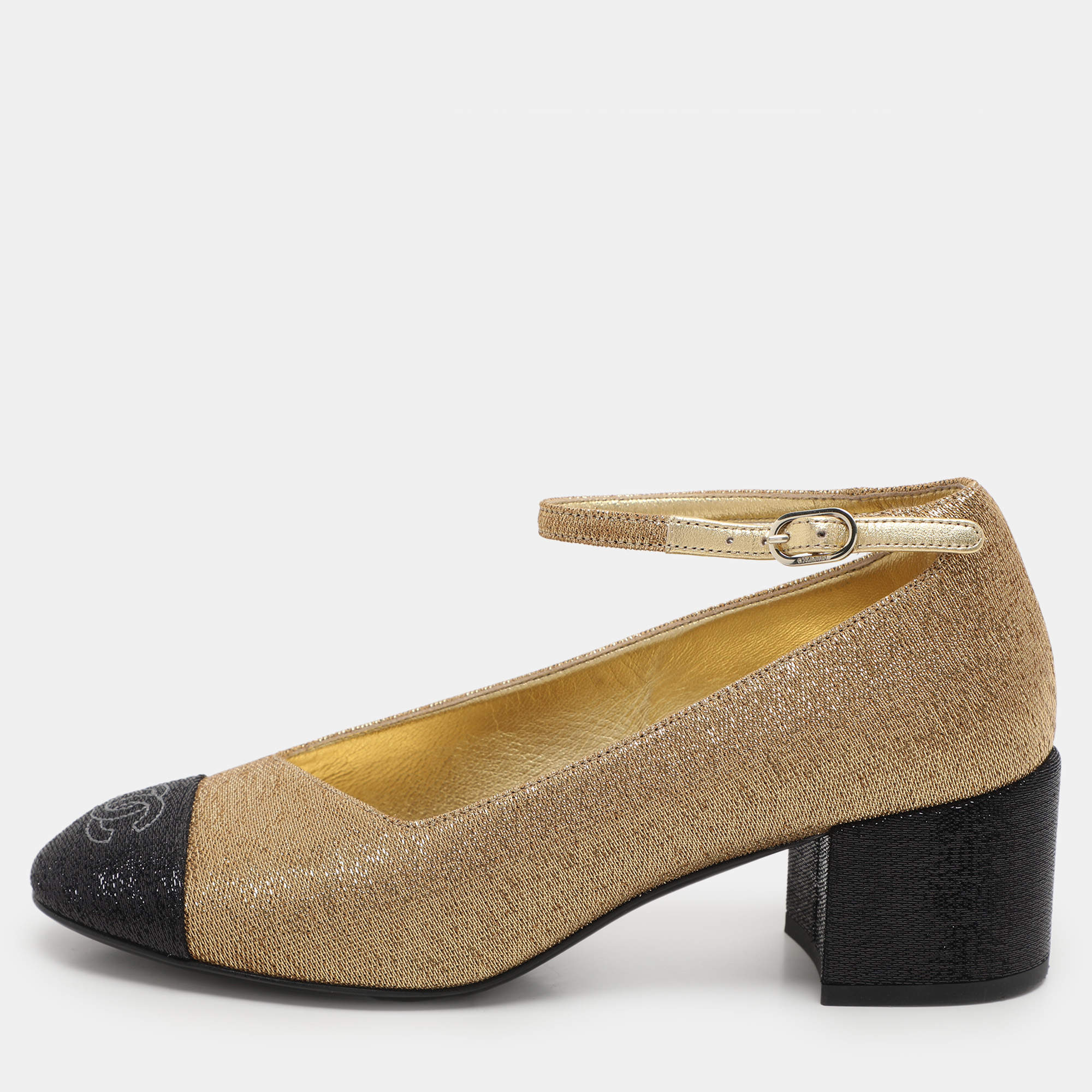 Chanel Gold/Black Lurex Fabric CC Cap Toe Block Heel Pumps Size 36.5