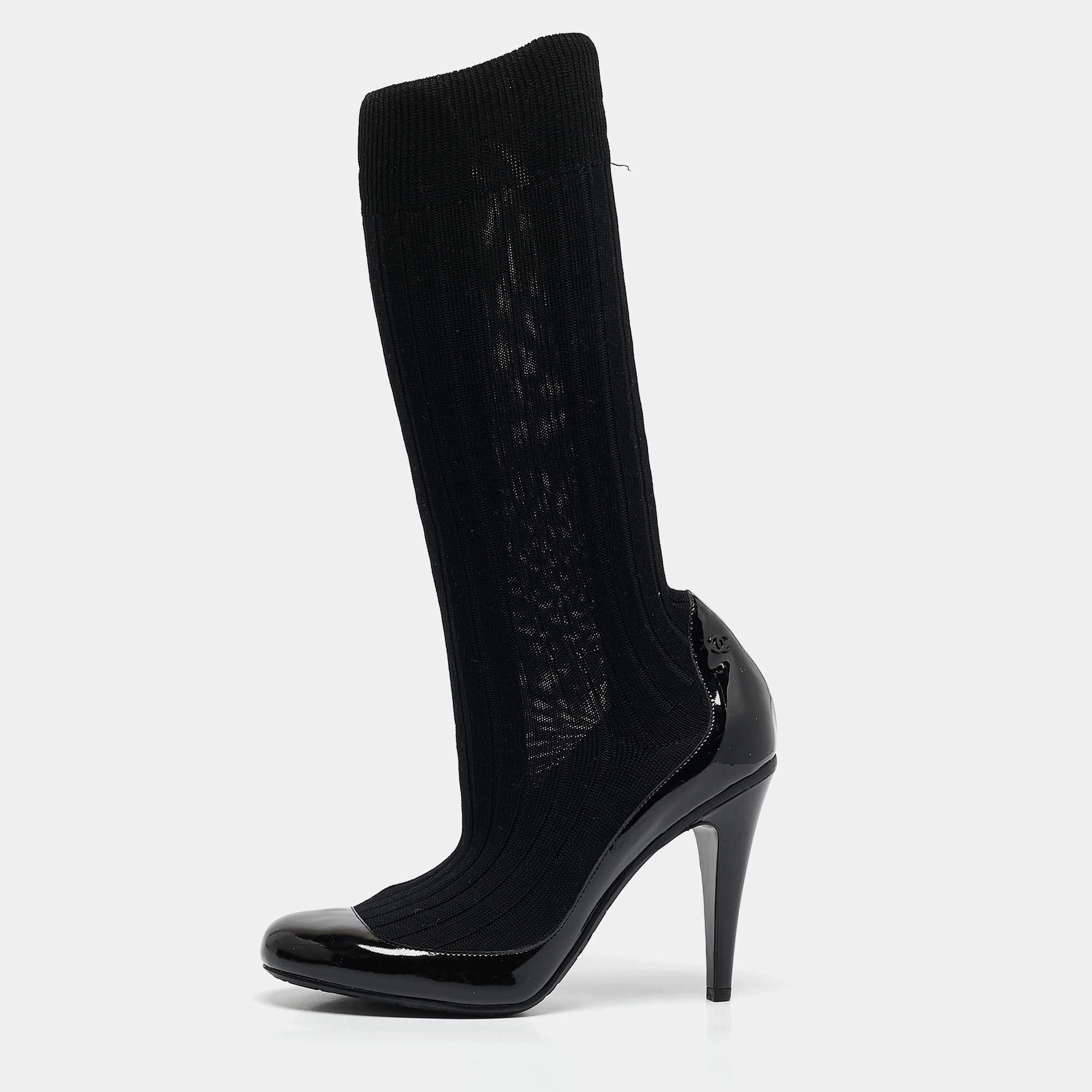 Chanel Black Patent Leather and Knit Fabric Sock Pumps Size 39.5