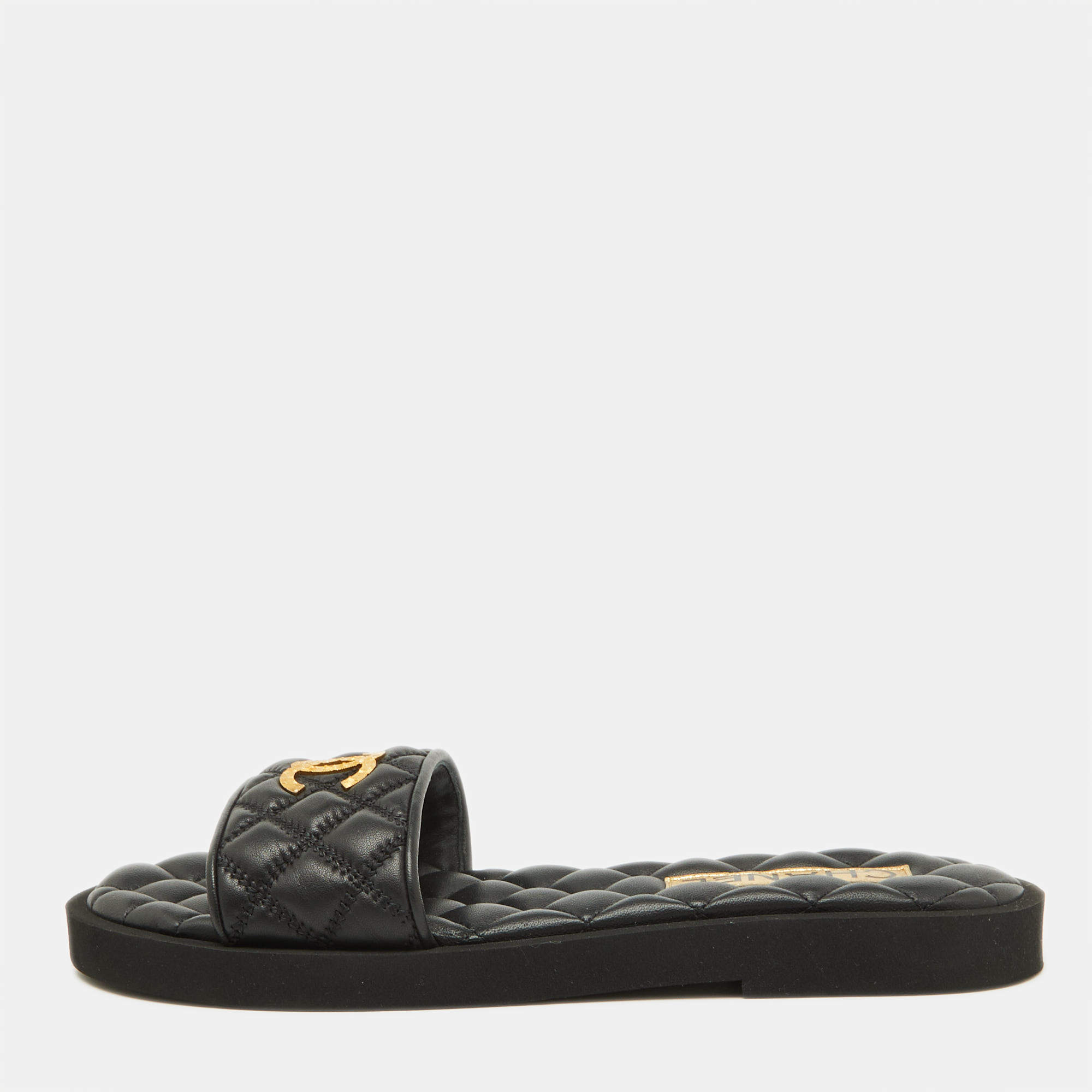 Pre Owned Chanel Black Quilted Leather CC Logo Flat Slides Size 38