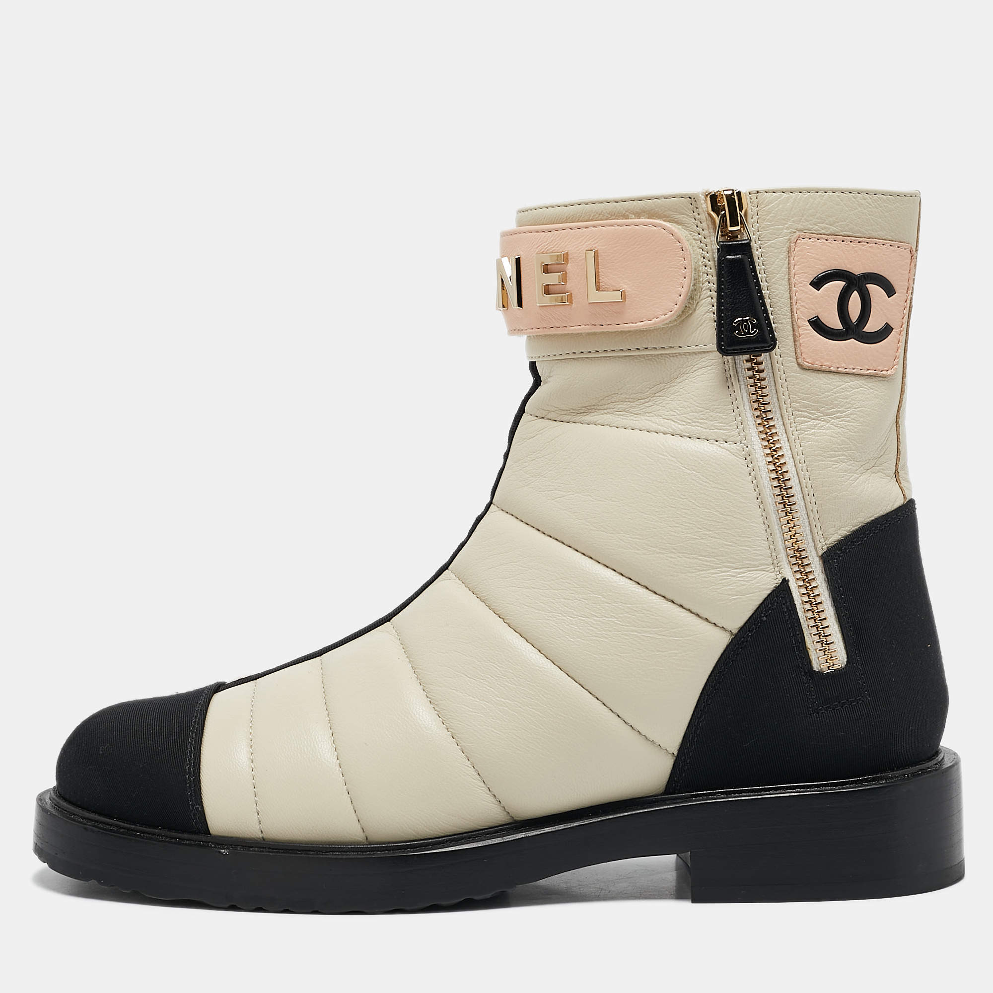 Chanel Cream/Black Quilted Leather and Grosgrain CC Ankle Boots Size 39