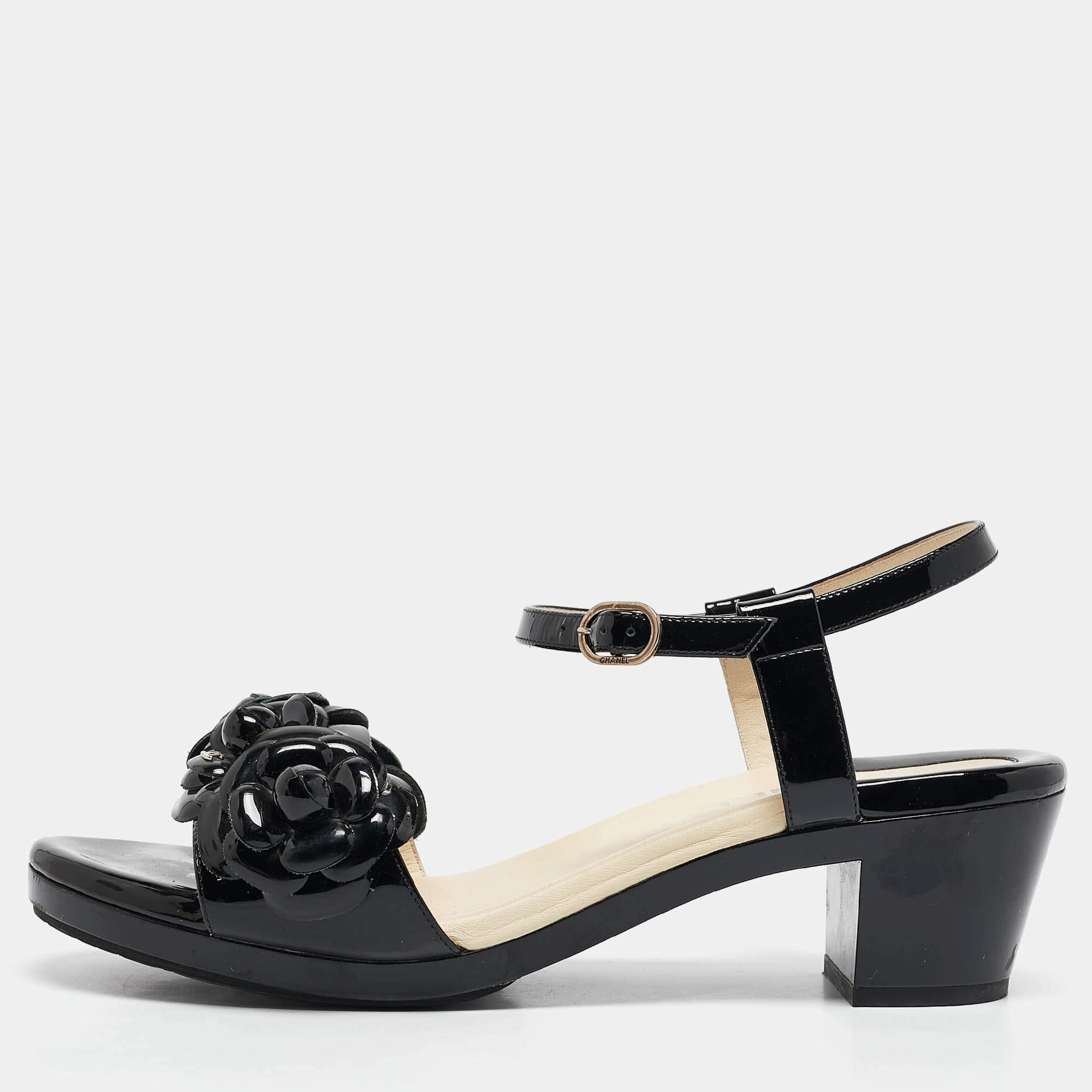Pre Owned Chanel Black Patent Leather Camellia Accent Ankle Strap Sandals Size 41