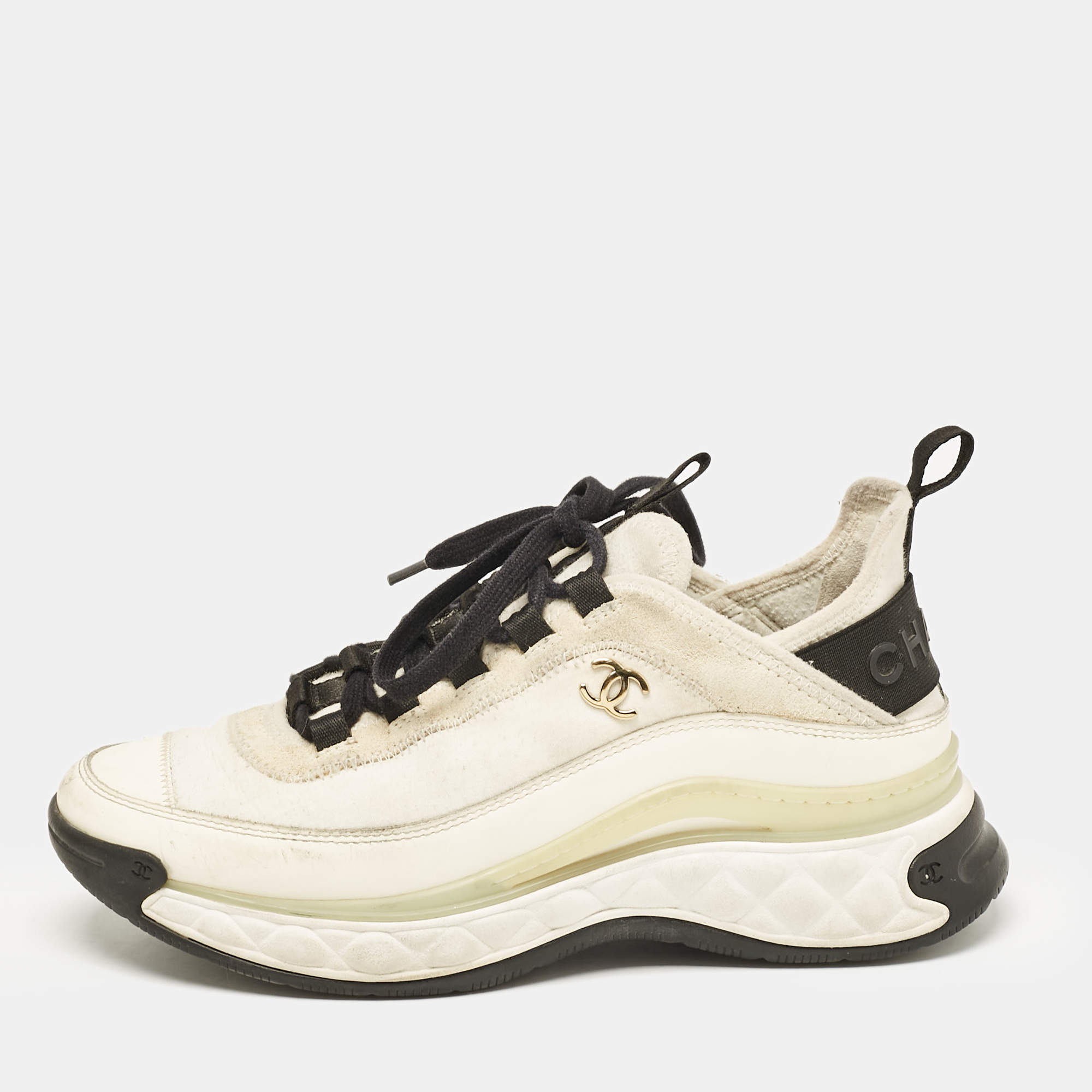 Pre Owned Chanel White Neoprene and Leather CC Low Top Sneakers Size 37