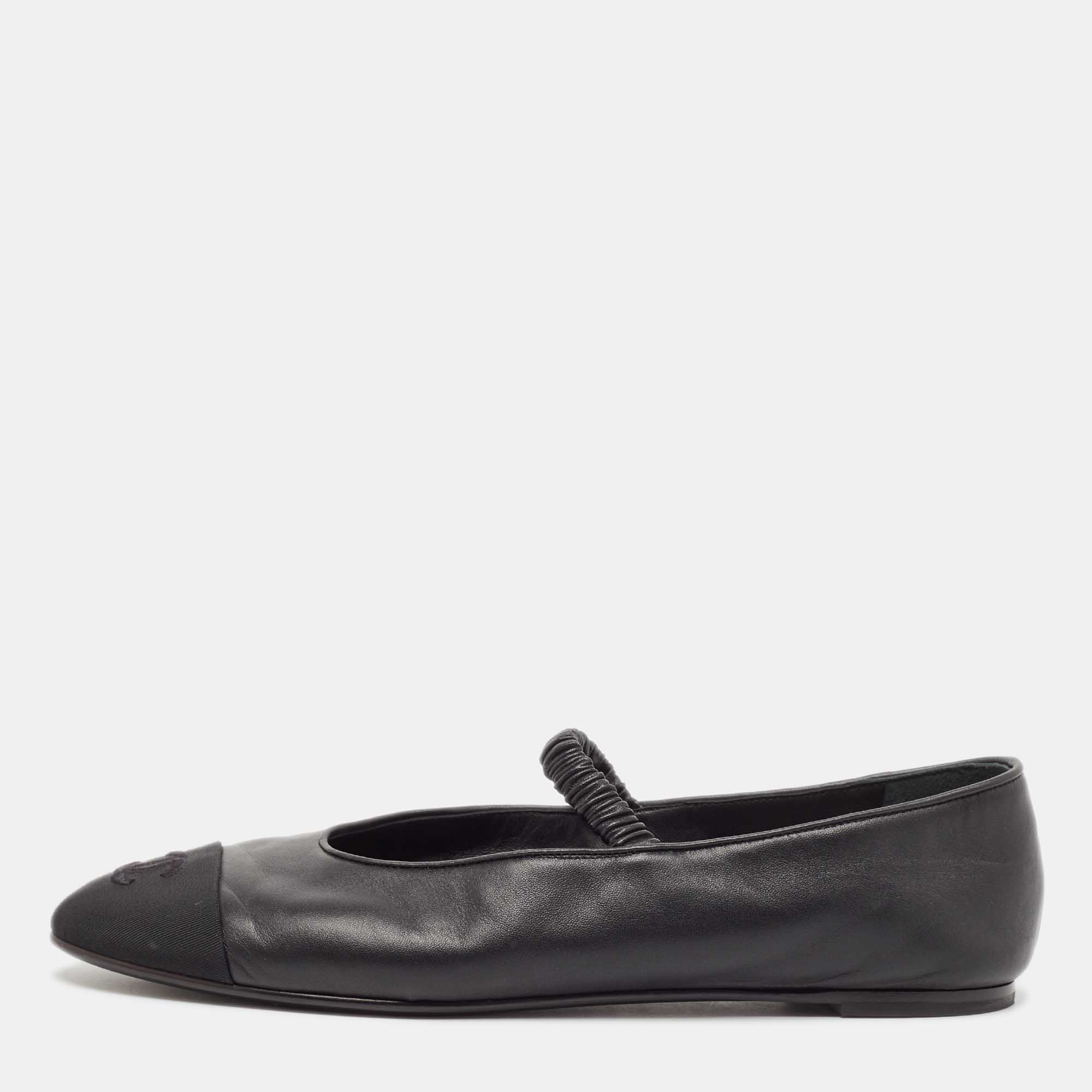 Pre Owned Chanel Black Leather and Fabric CC Mary Jane Ballet Flats Size 39