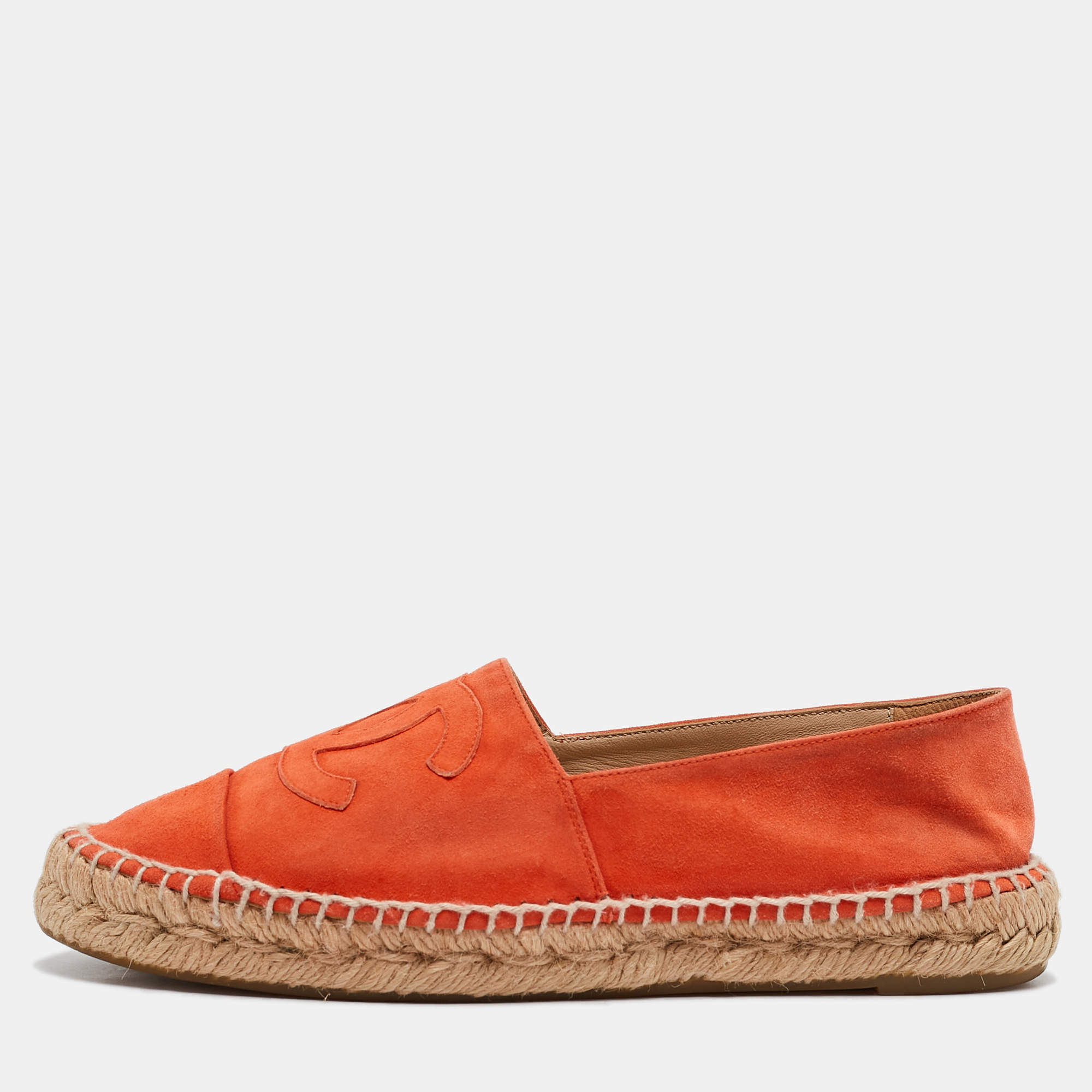 Chanel Orange Suede CC Cap Toe Espadrille Flats Size 39