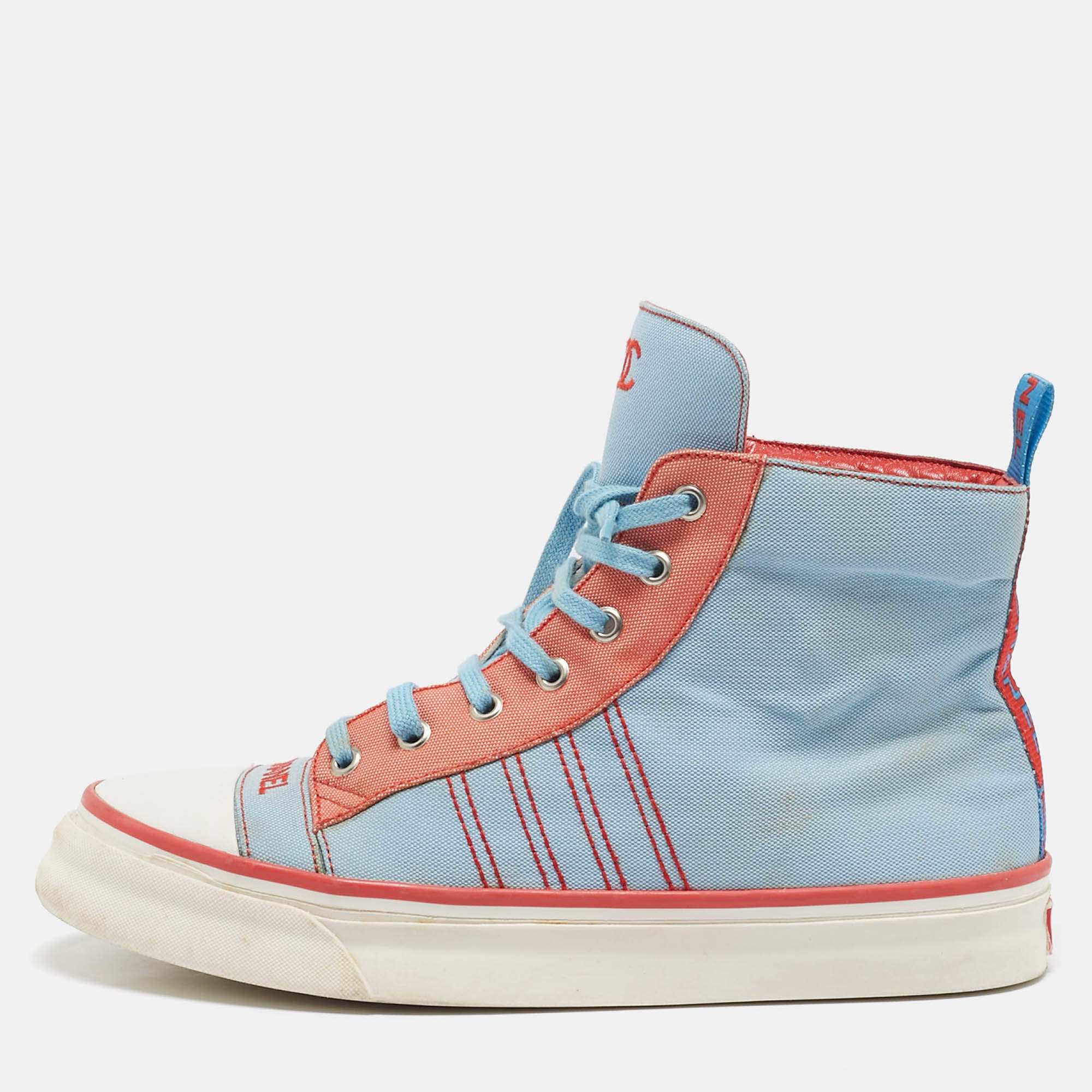 Pre Owned Chanel Blue/Red Denim High Top Sneakers Size 41