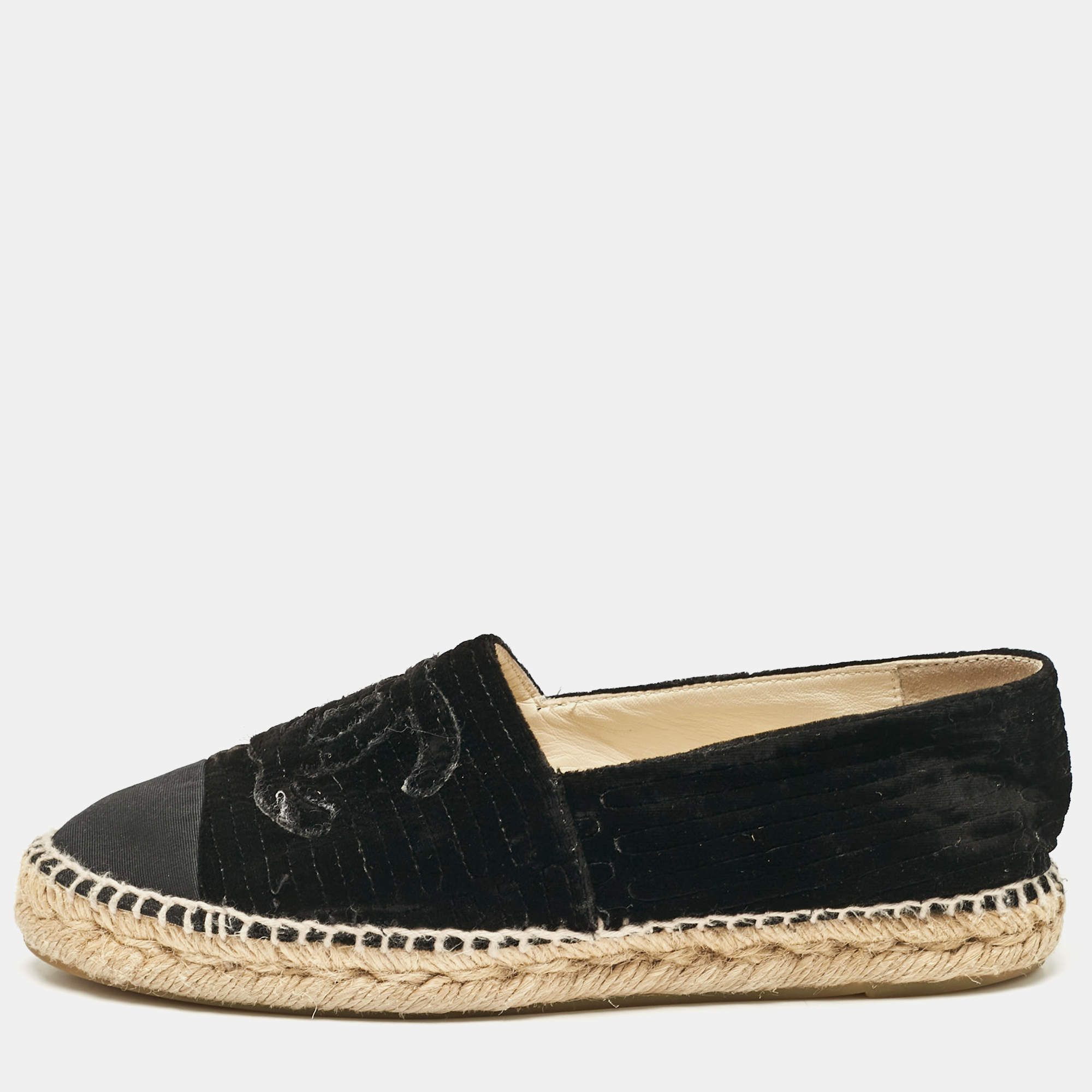 Pre Owned Chanel Black Velvet and Canvas Cap Toe CC Espadrille Flats Size 38